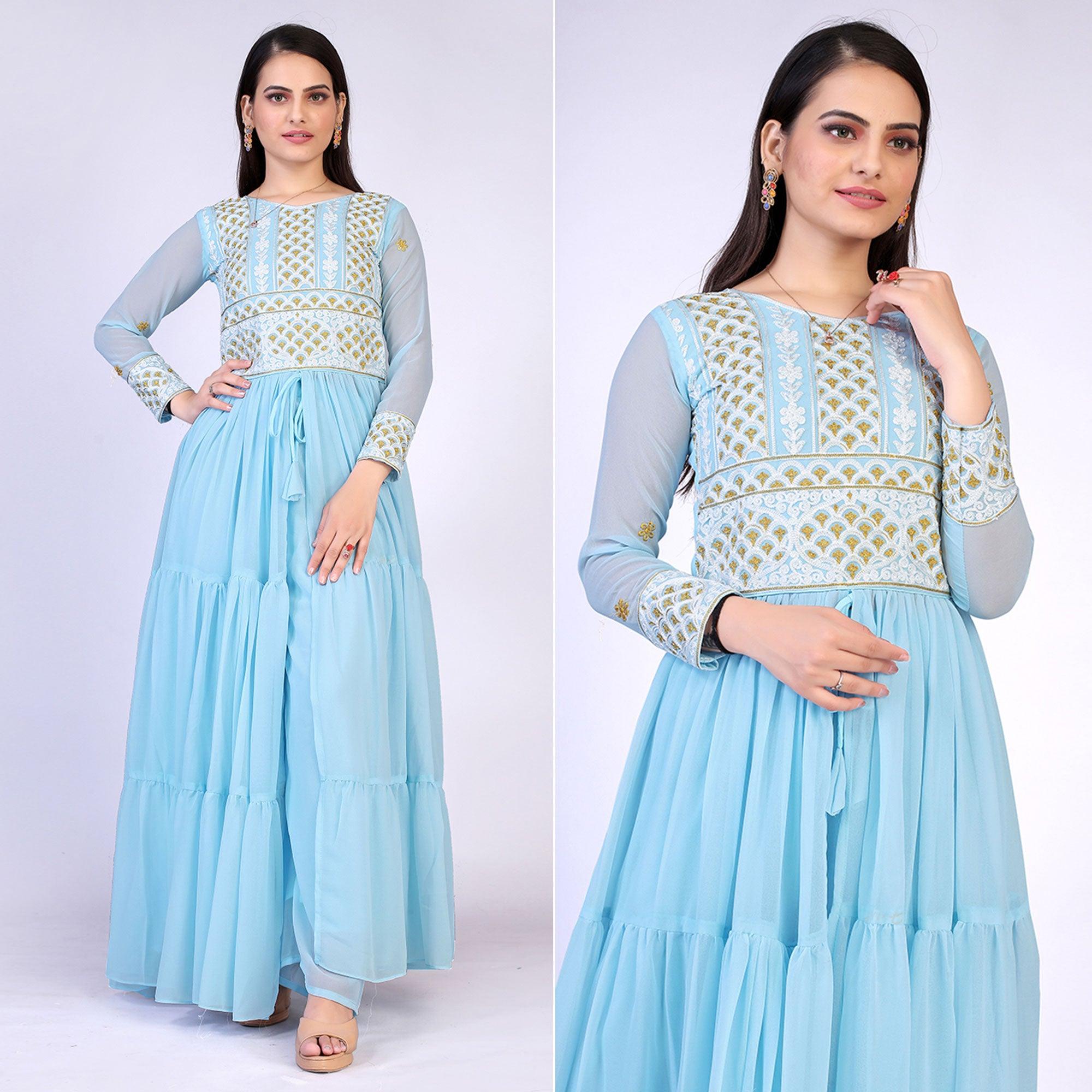 Sky Blue Embroidered Georgette Palazzo Suit - Peachmode