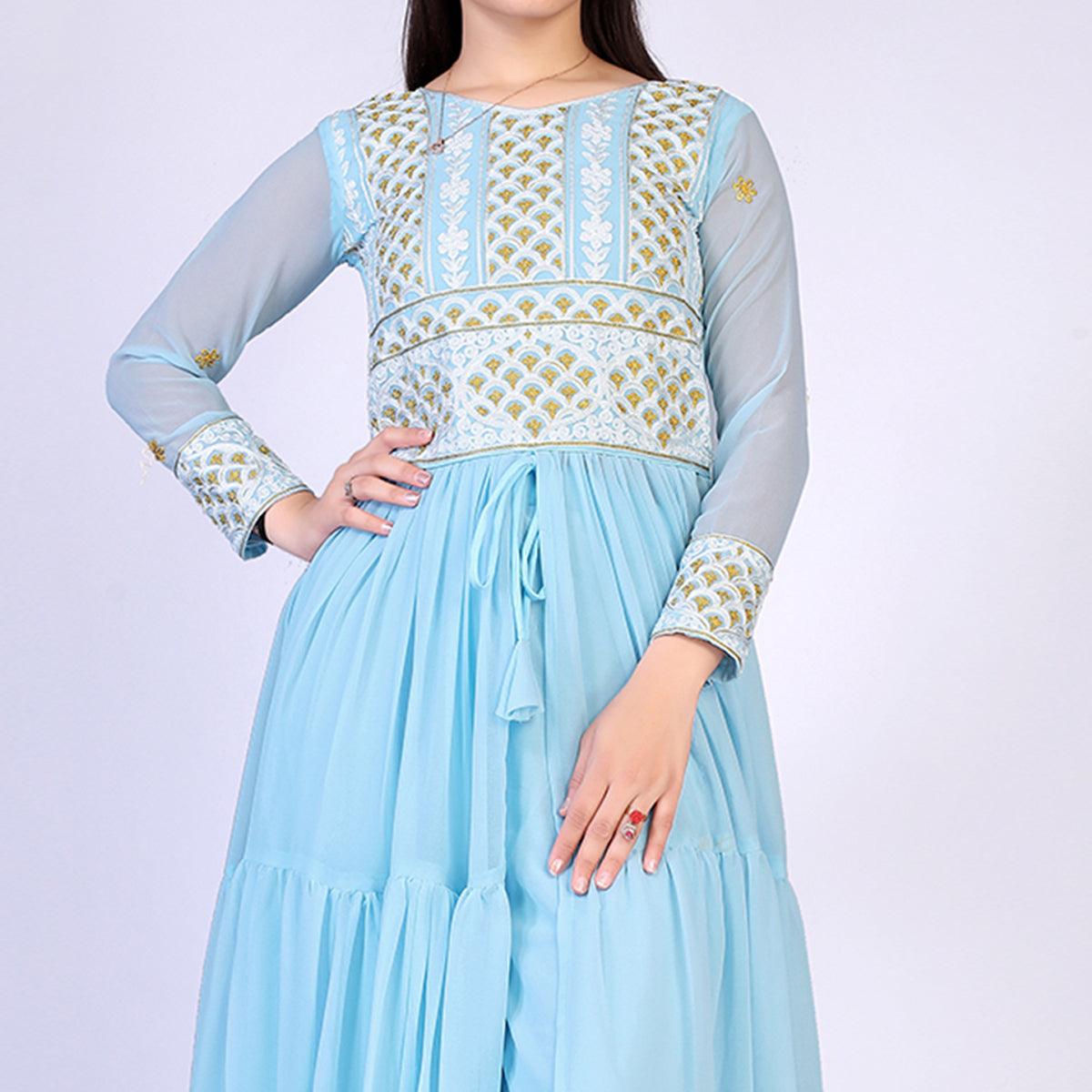 Sky Blue Embroidered Georgette Palazzo Suit - Peachmode
