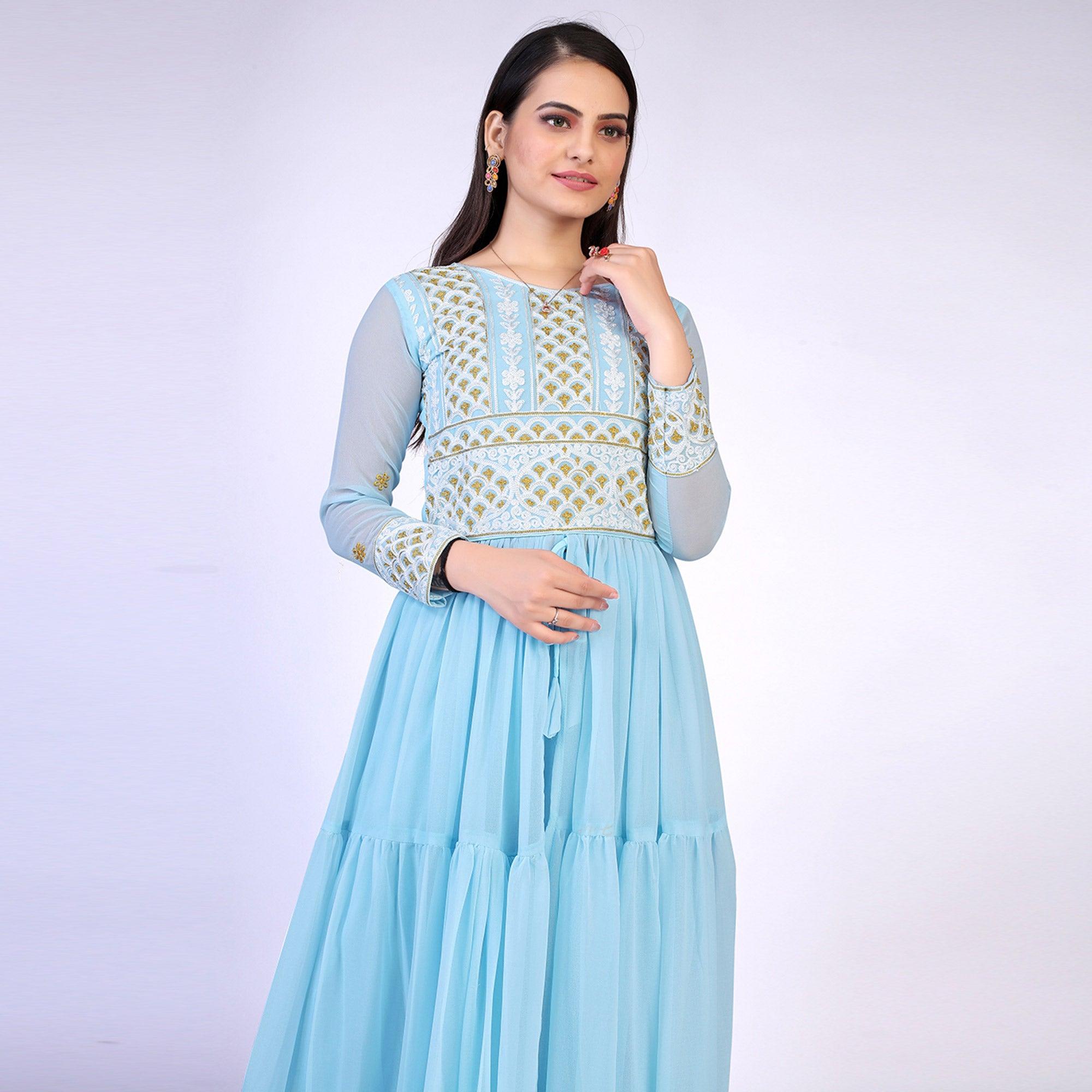 Sky Blue Embroidered Georgette Palazzo Suit - Peachmode