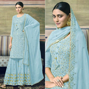 Sky Blue Embroidered Georgette Sharara Suit - Peachmode