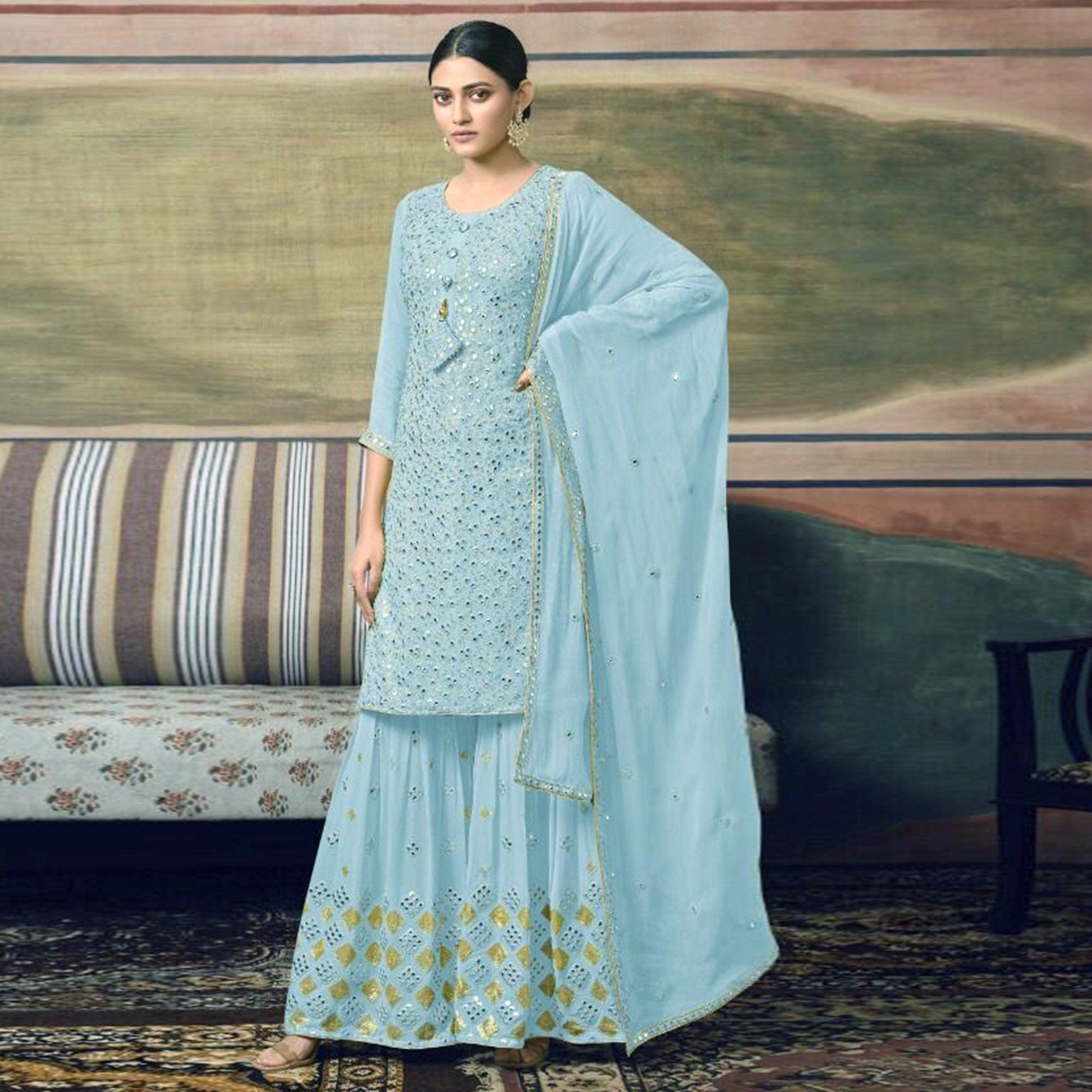 Sky Blue Embroidered Georgette Sharara Suit - Peachmode