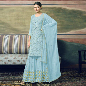 Sky Blue Embroidered Georgette Sharara Suit - Peachmode