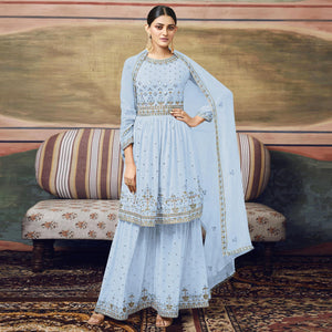 Sky Blue Embroidered Georgette Sharara Suit - Peachmode