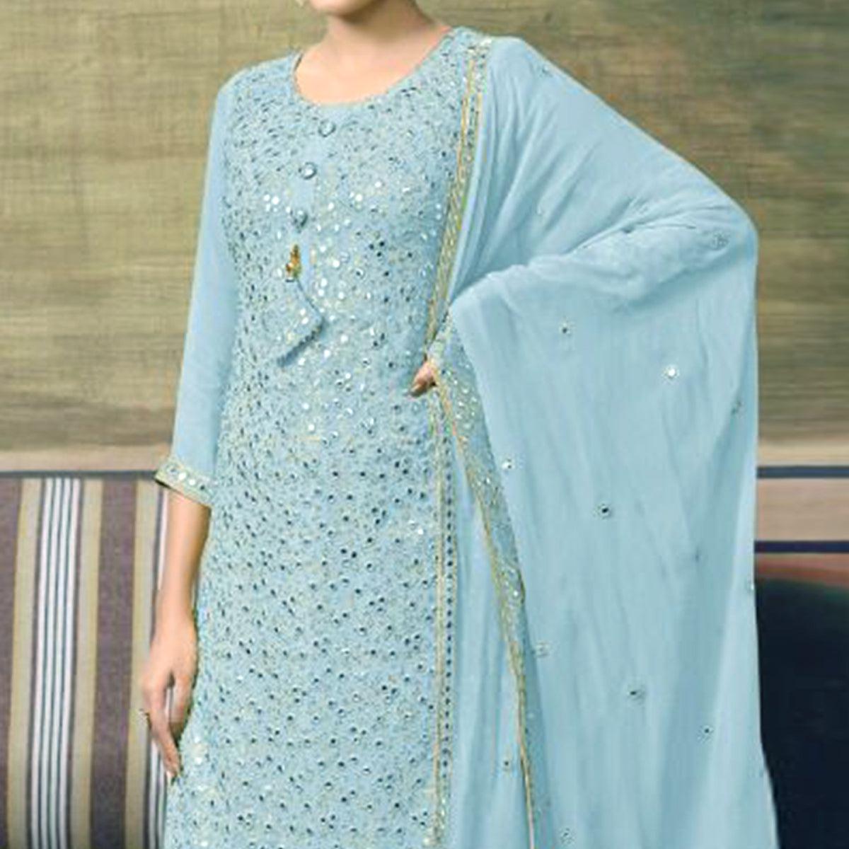 Sky Blue Embroidered Georgette Sharara Suit - Peachmode