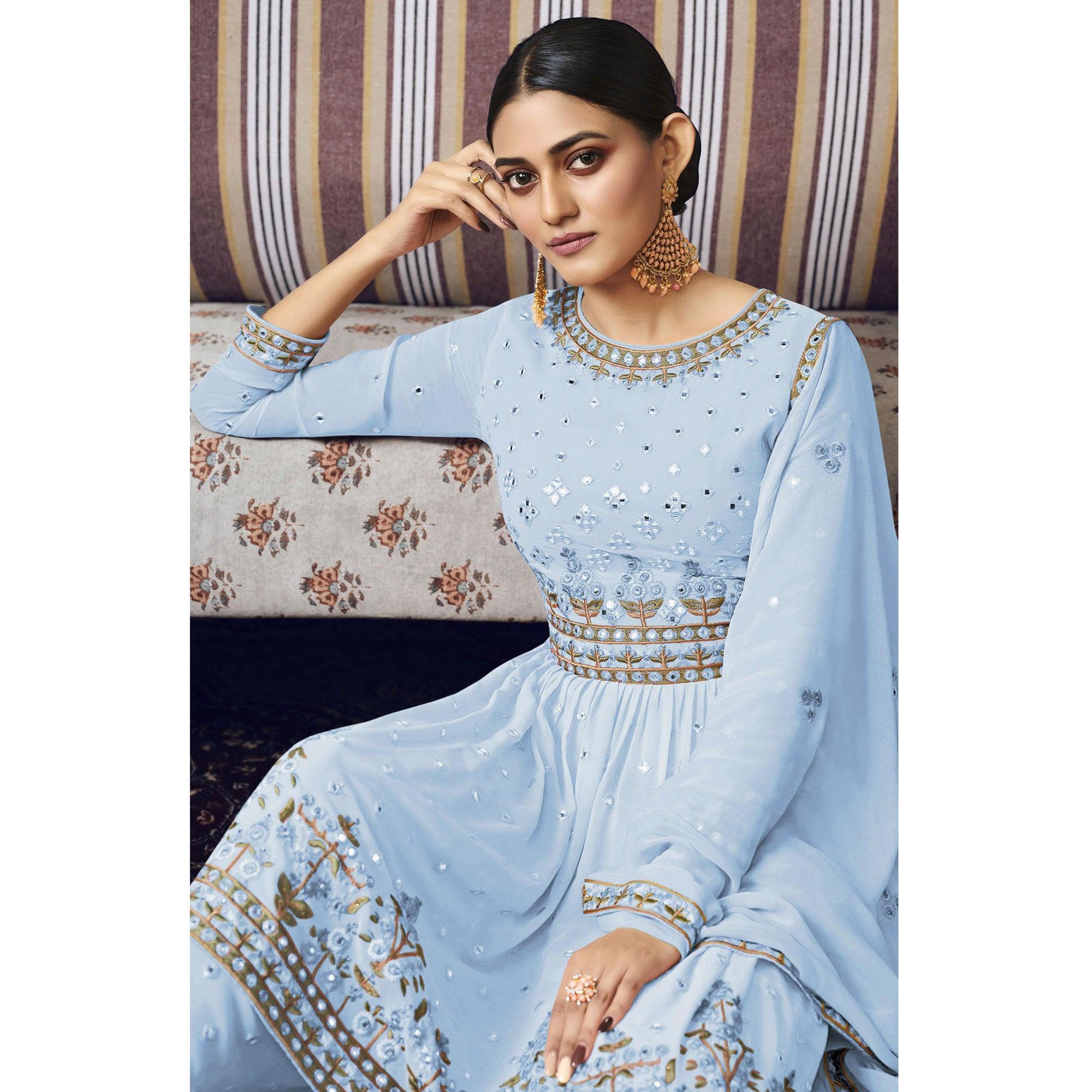 Sky Blue Embroidered Georgette Sharara Suit - Peachmode
