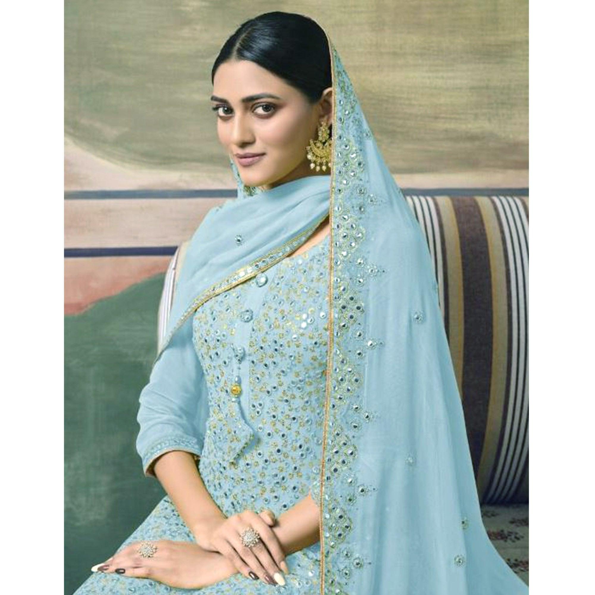 Sky Blue Embroidered Georgette Sharara Suit - Peachmode
