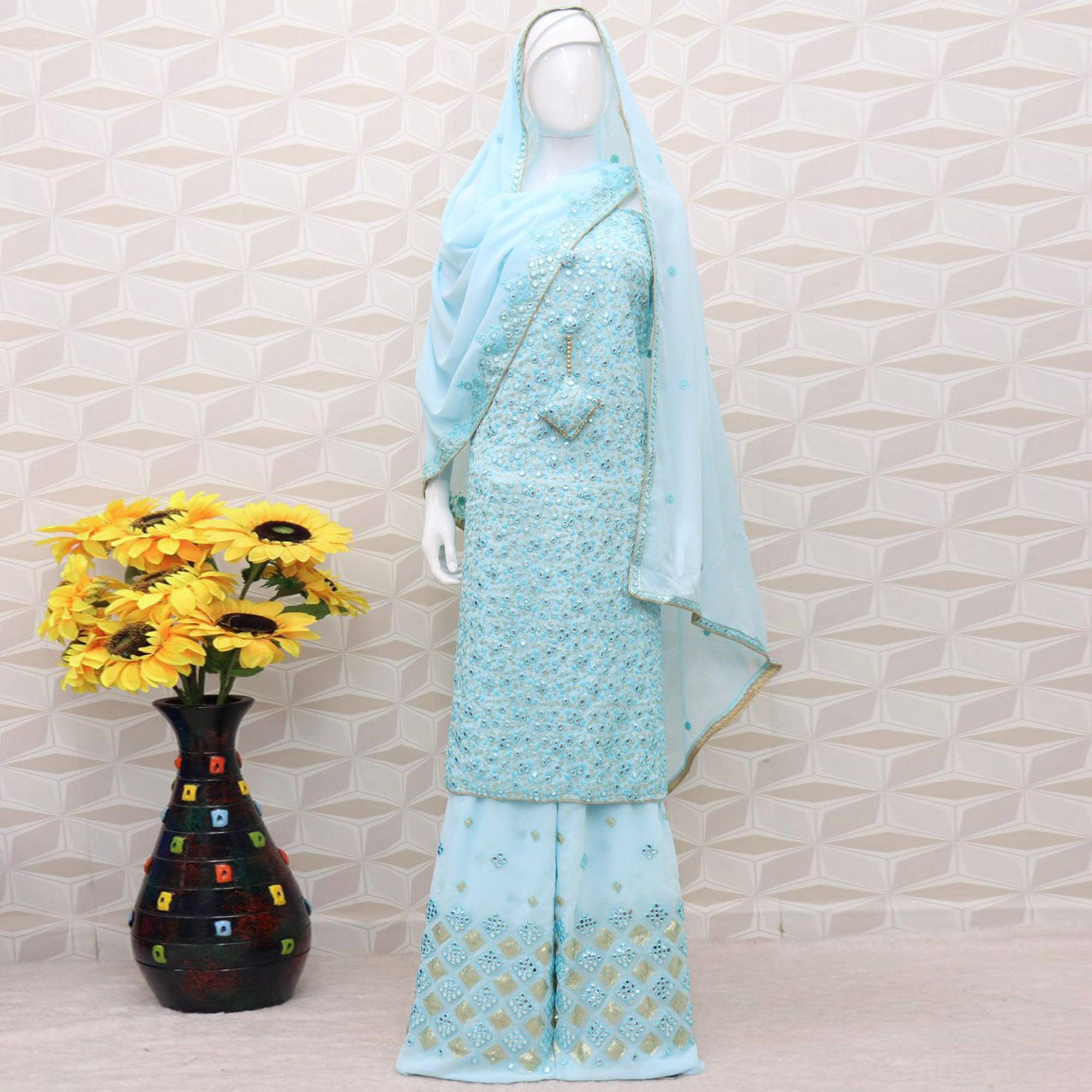 Sky Blue Embroidered Georgette Sharara Suit - Peachmode