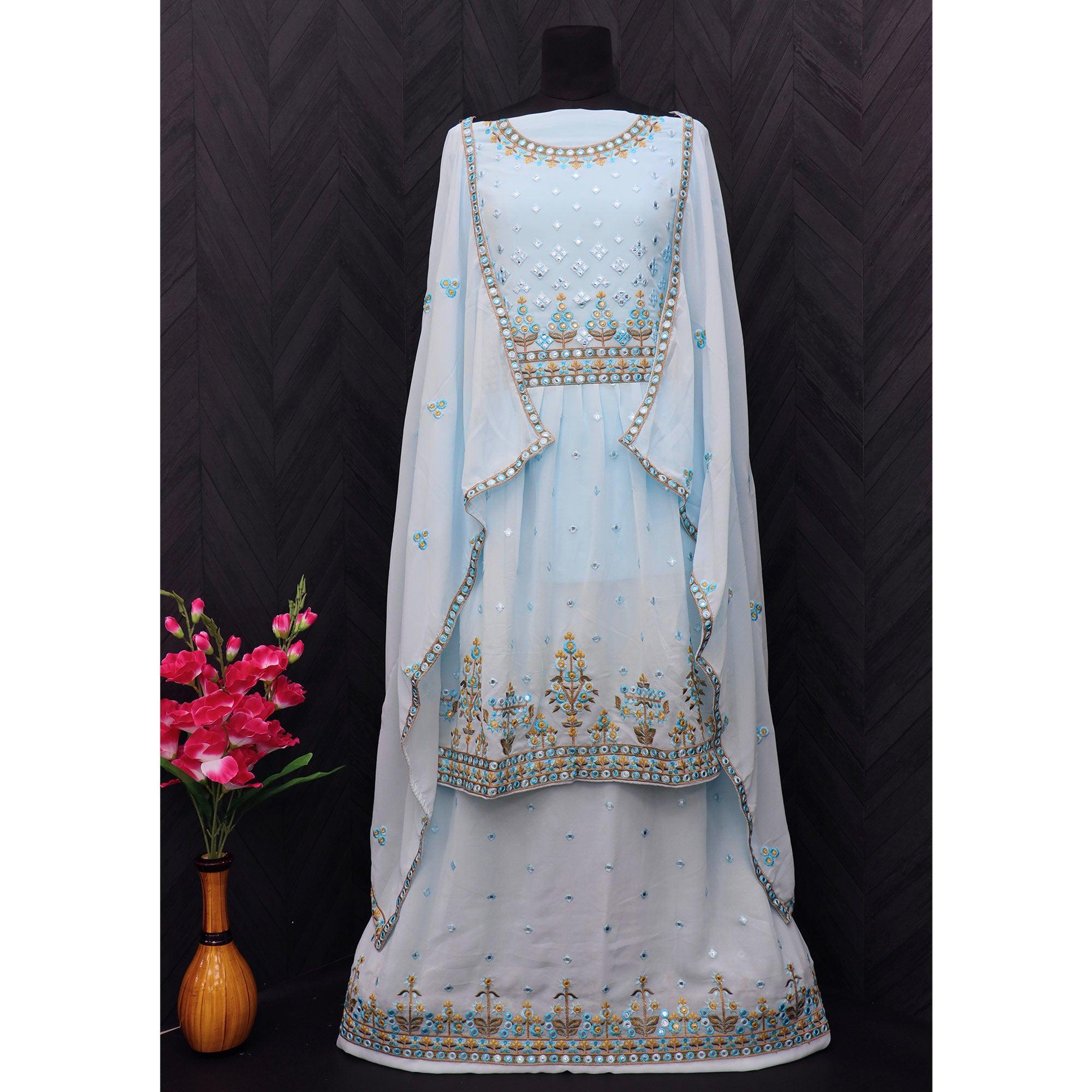 Sky Blue Embroidered Georgette Sharara Suit - Peachmode