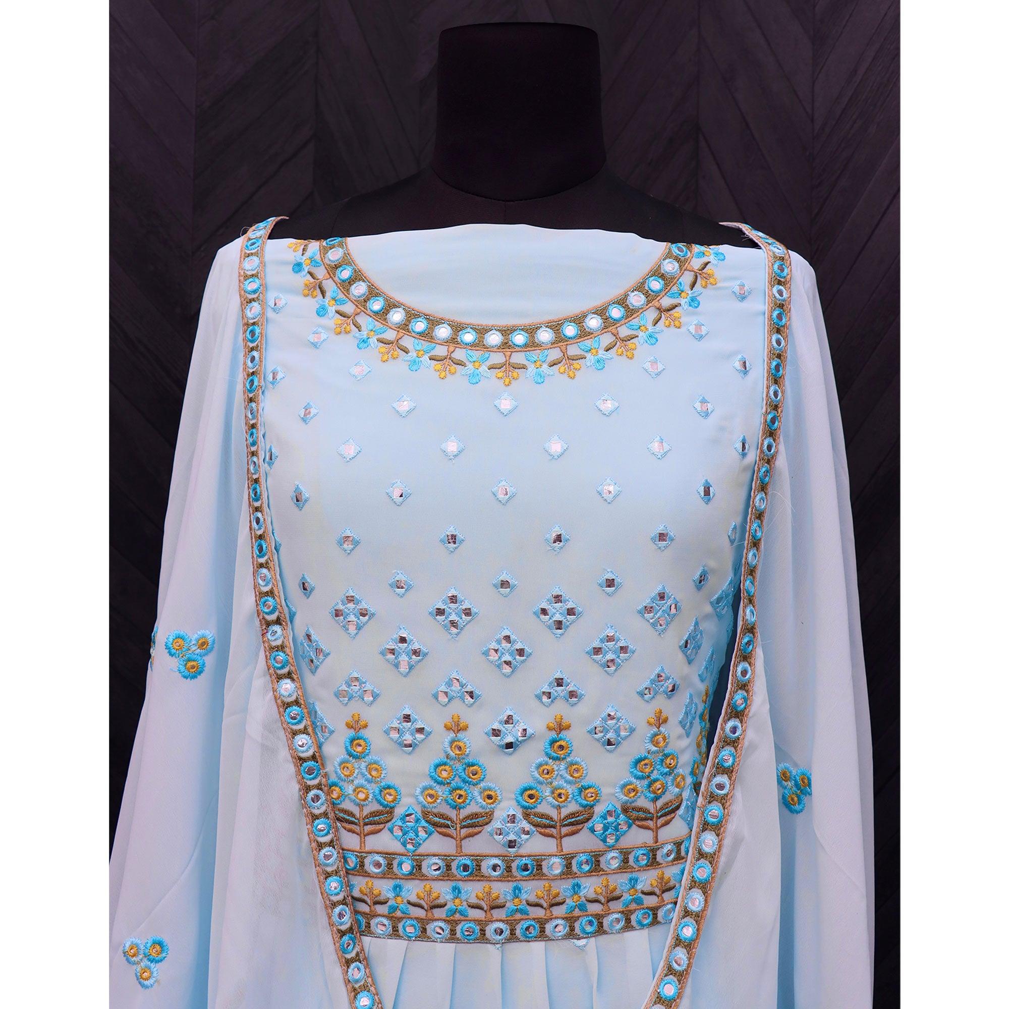 Sky Blue Embroidered Georgette Sharara Suit - Peachmode