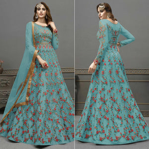 Sky Blue Embroidered Netted Anarkali Suit - Peachmode