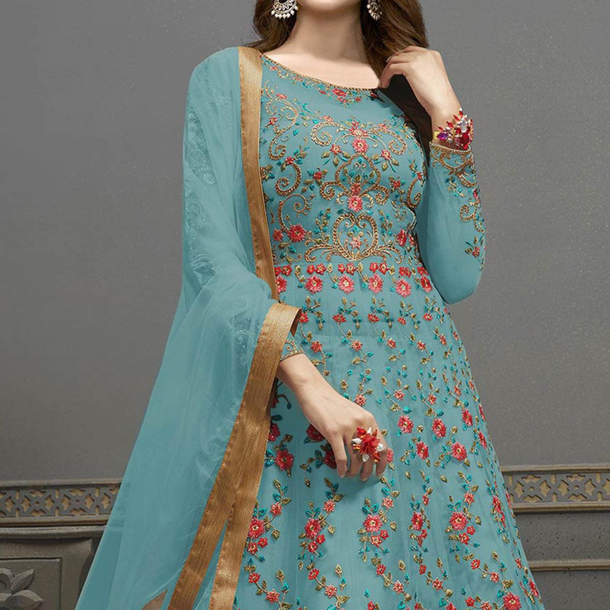 Sky Blue Embroidered Netted Anarkali Suit - Peachmode