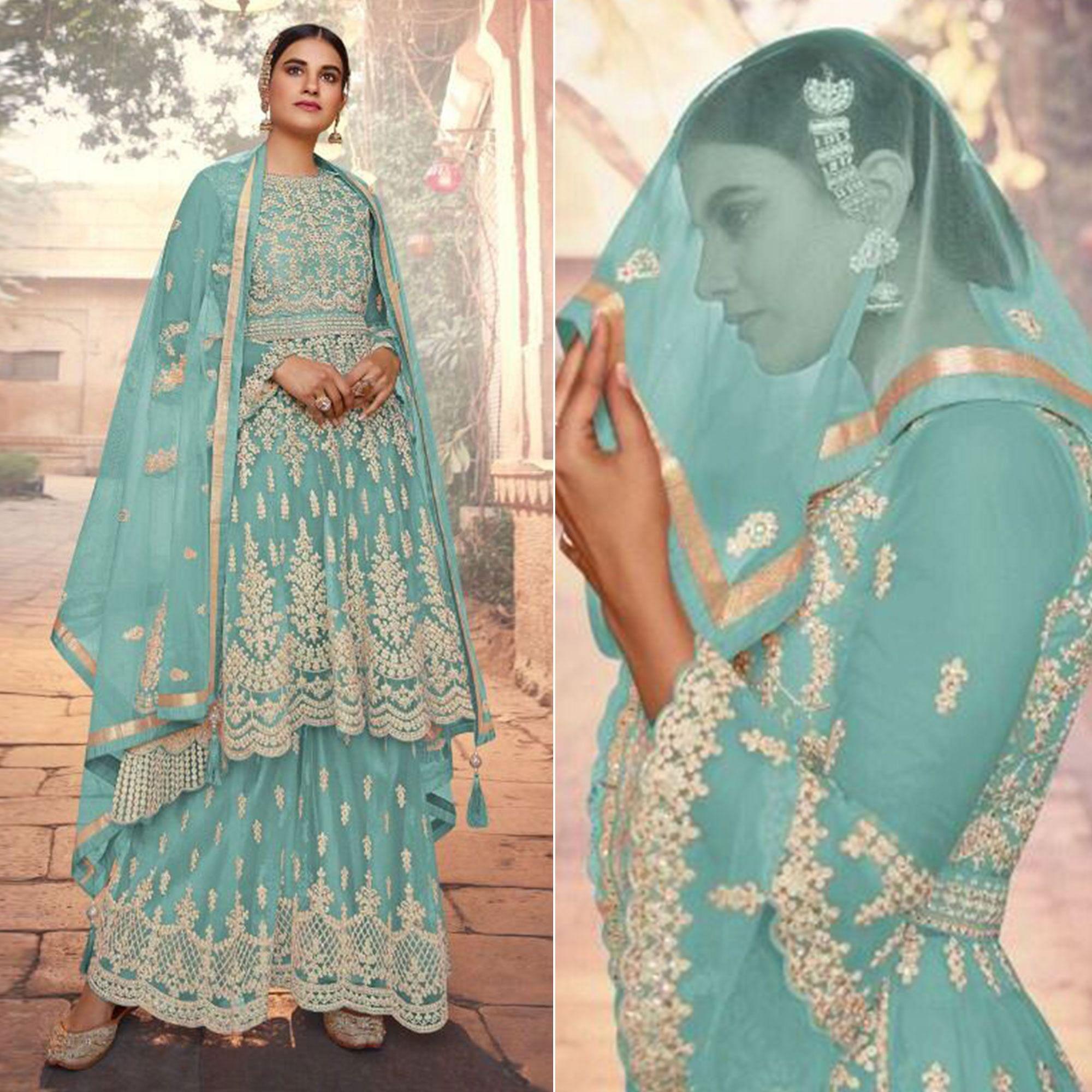Sky Blue Embroidered Netted Sharara Suit - Peachmode
