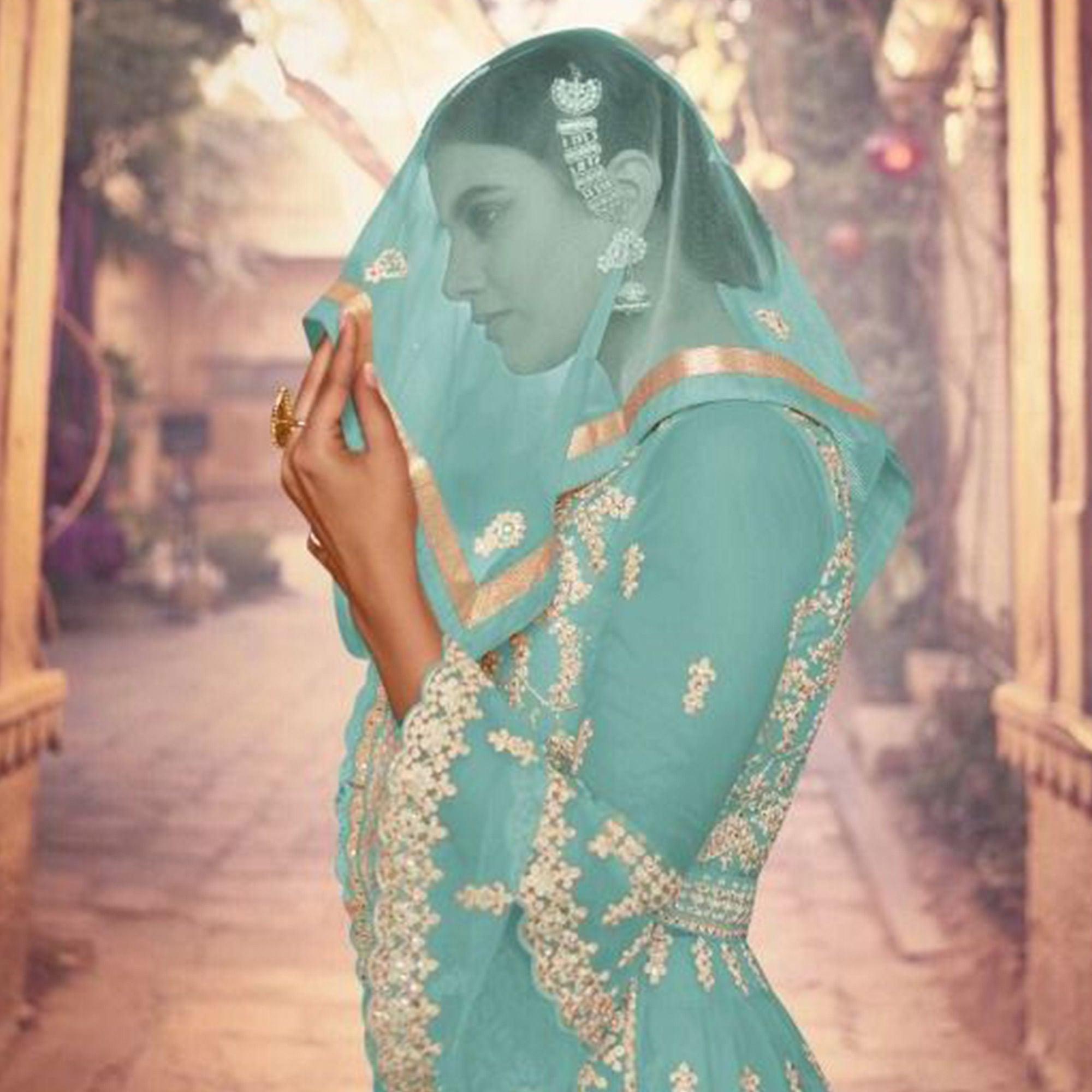 Sky Blue Embroidered Netted Sharara Suit - Peachmode