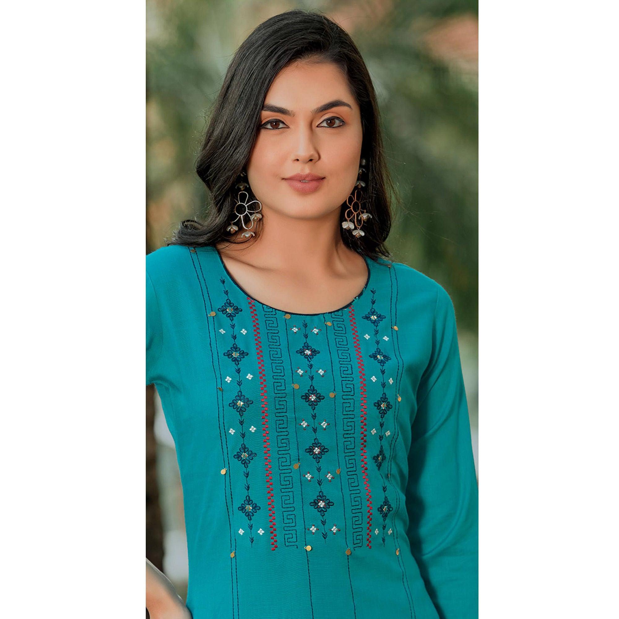 Sky Blue Embroidered Pure Cotton Kurti - Peachmode