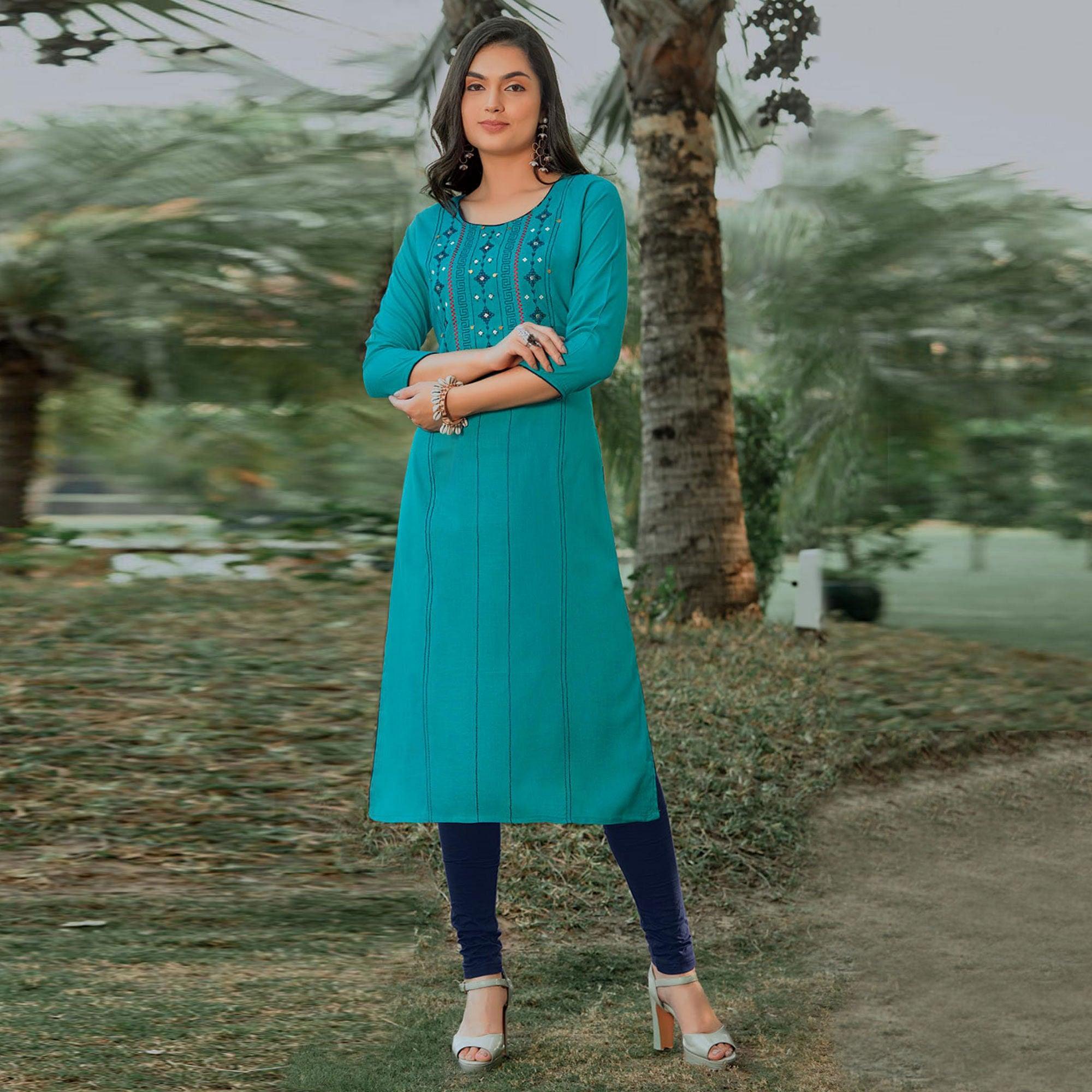 Sky Blue Embroidered Pure Cotton Kurti - Peachmode