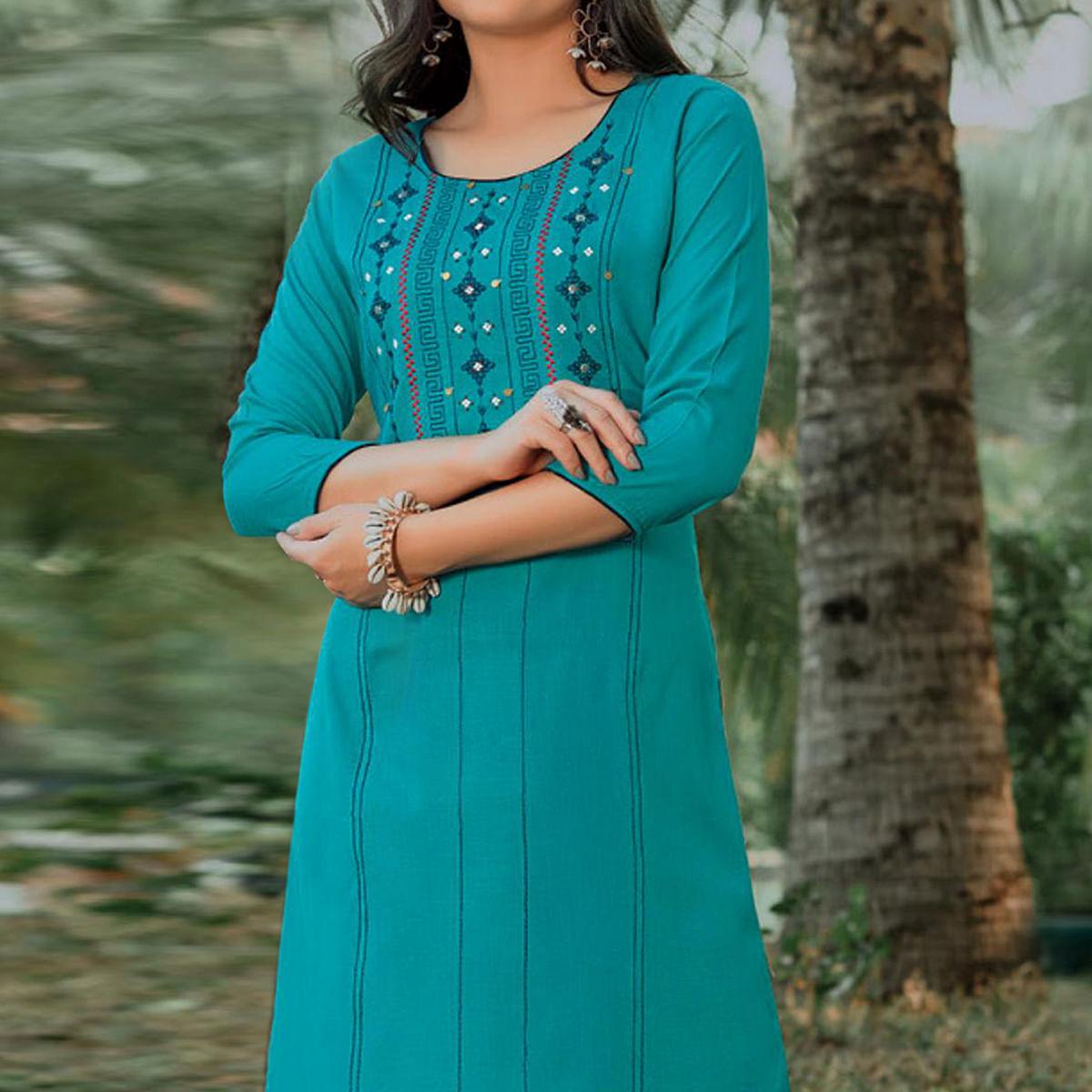 Sky Blue Embroidered Pure Cotton Kurti - Peachmode