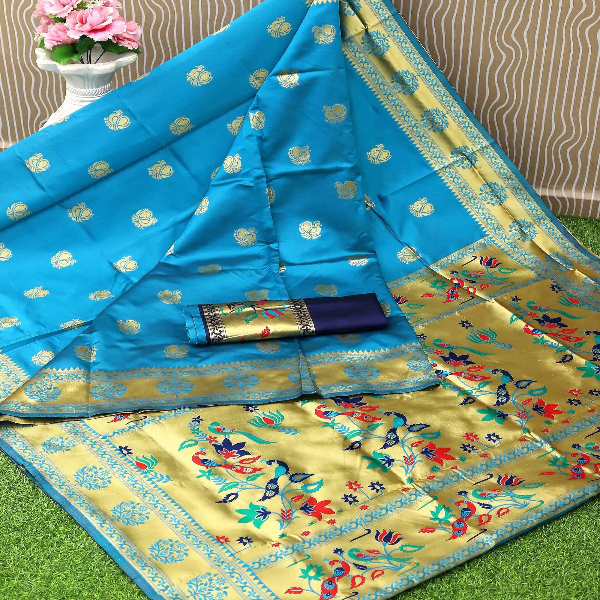 Sky Blue Festive Embroidered Banarasi Art Silk Saree - Peachmode
