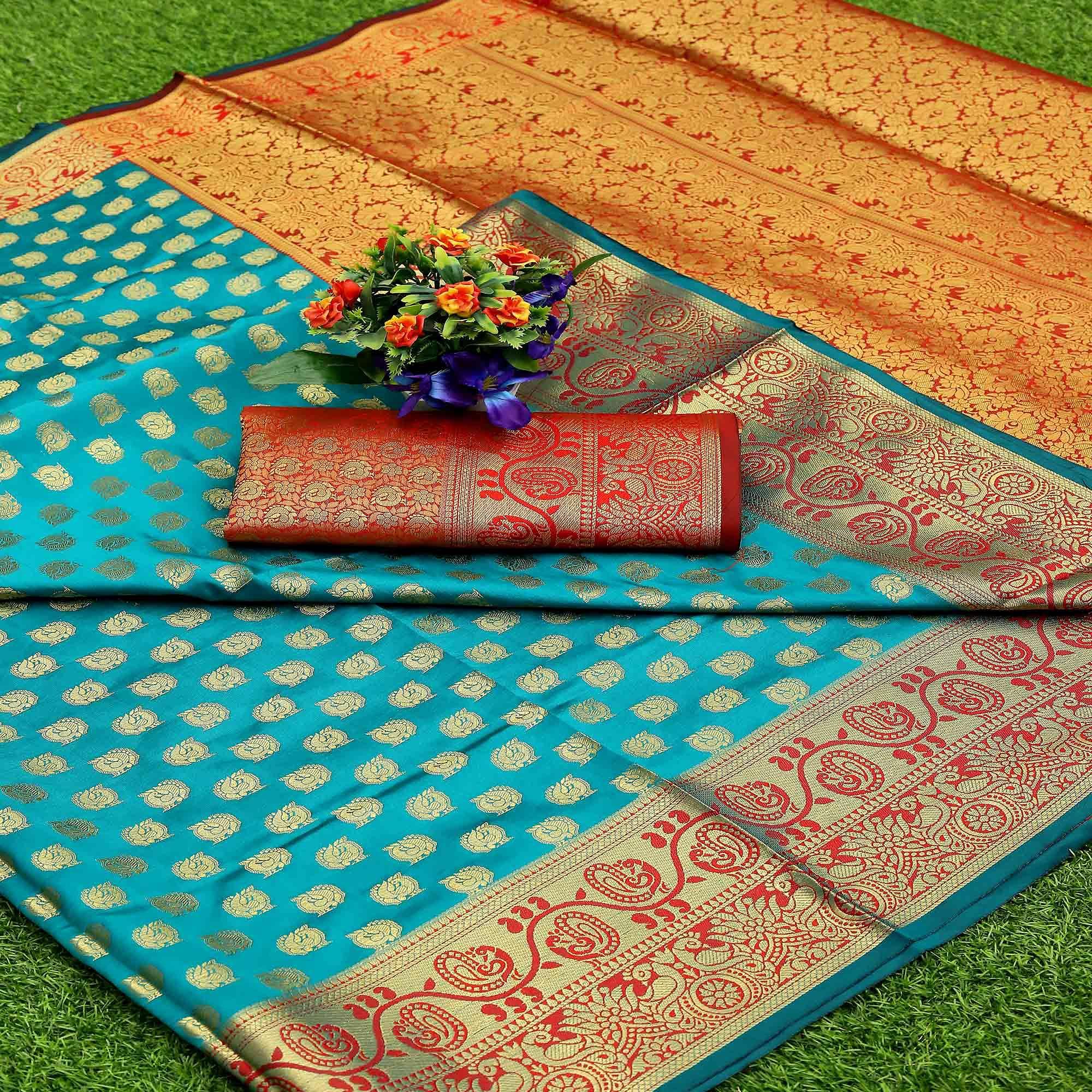 Sky Blue Festive Embroidered Kota Banarasi Art Silk Saree - Peachmode