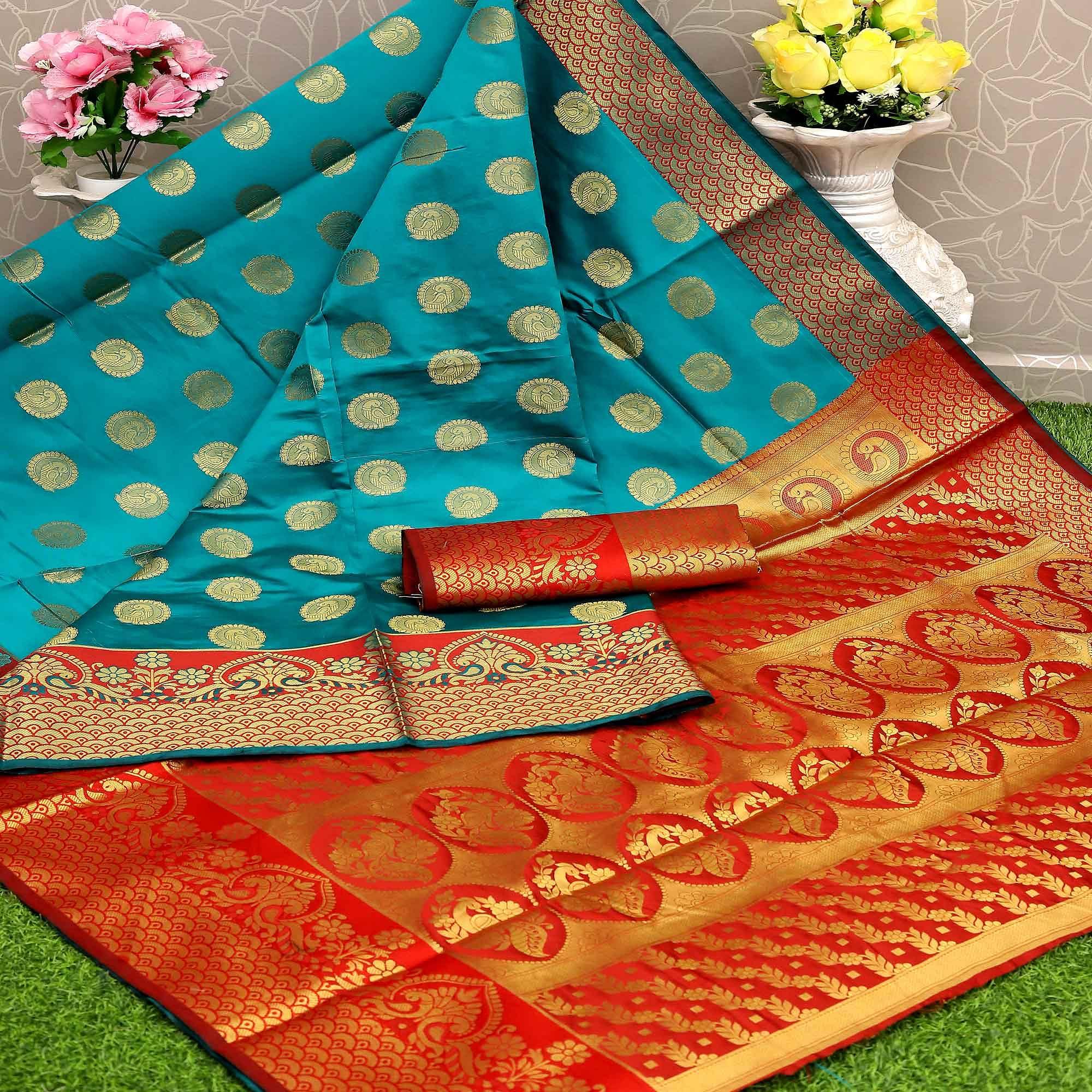 Sky Blue Festive Embroidered Kota Banarasi Art Silk Saree - Peachmode
