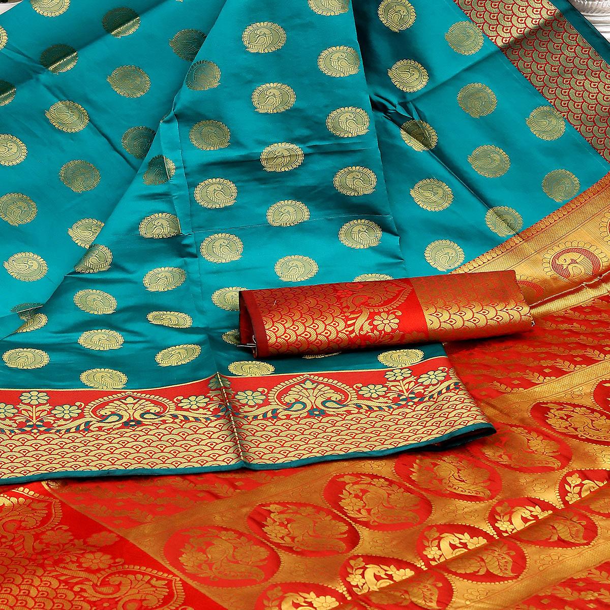 Sky Blue Festive Embroidered Kota Banarasi Art Silk Saree - Peachmode
