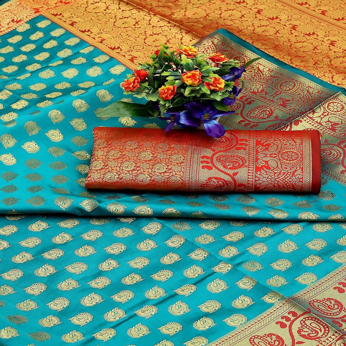 Sky Blue Festive Embroidered Kota Banarasi Art Silk Saree - Peachmode
