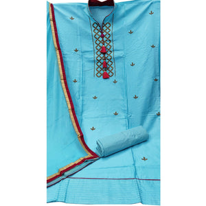 Sky Blue Festive Wear Embroidered Cotton Dress Material - Peachmode
