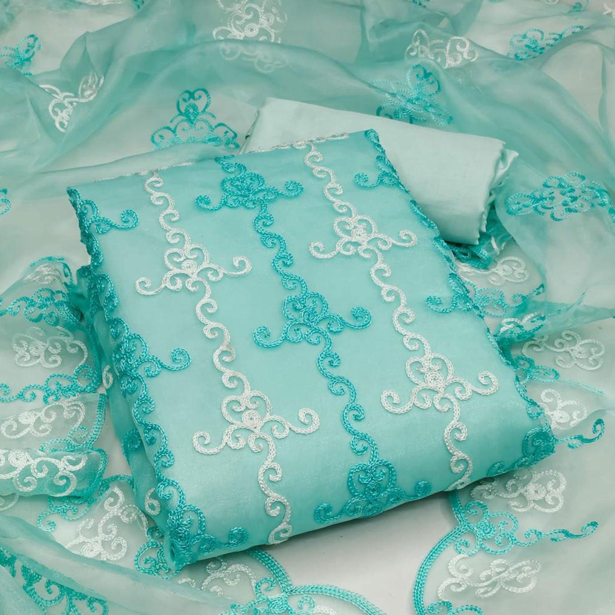 Sky Blue Festive Wear Embroidered Organza Dress Material - Peachmode