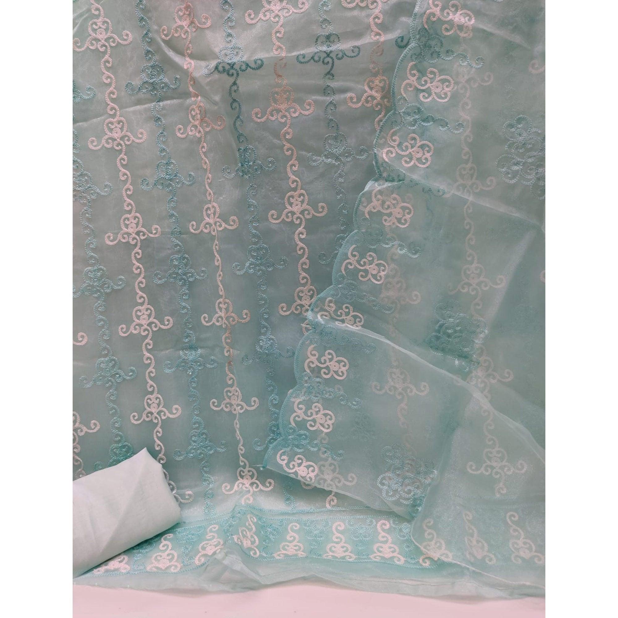 Sky Blue Festive Wear Embroidered Organza Dress Material - Peachmode