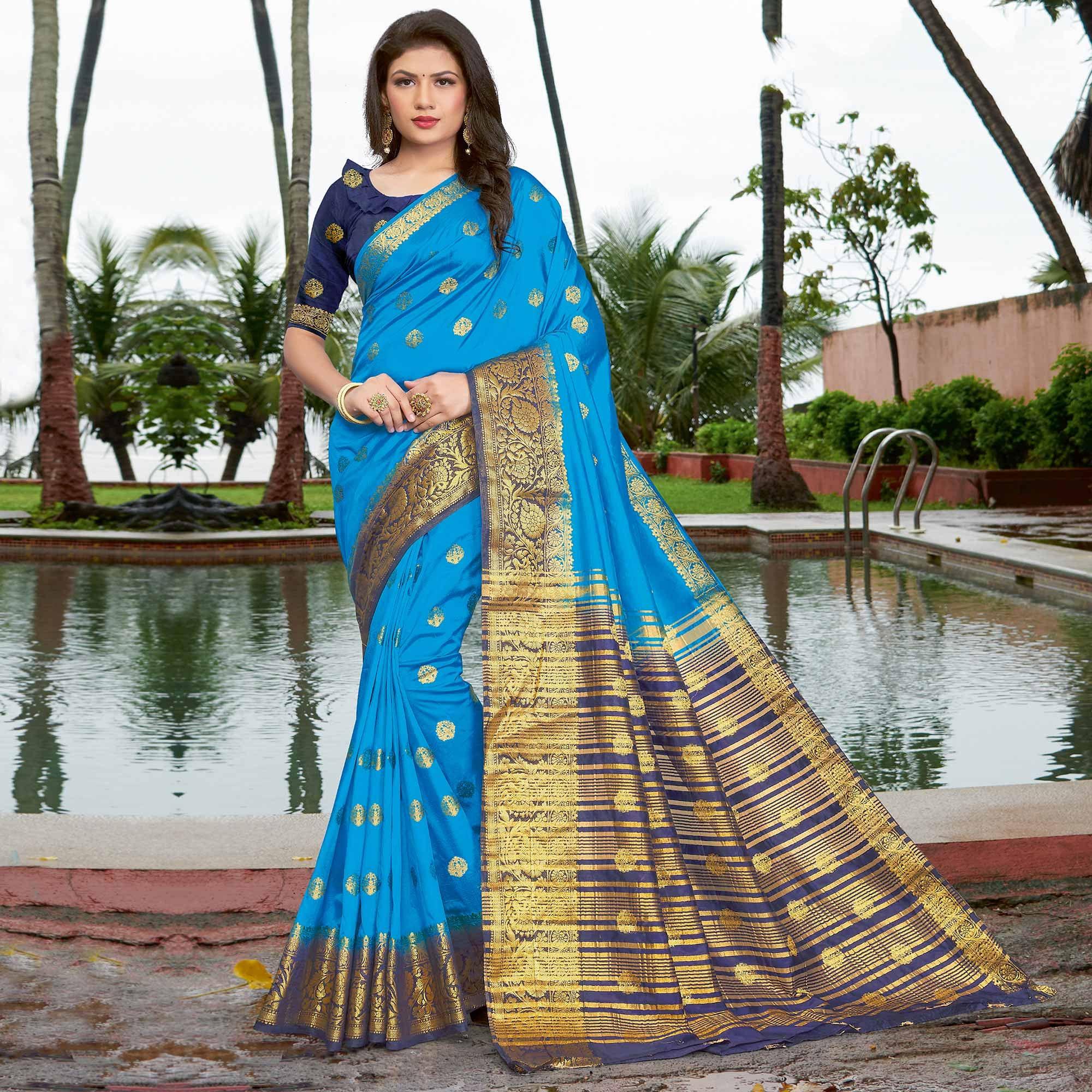Sky Blue Festive Wear Embroidered Silk Saree - Peachmode