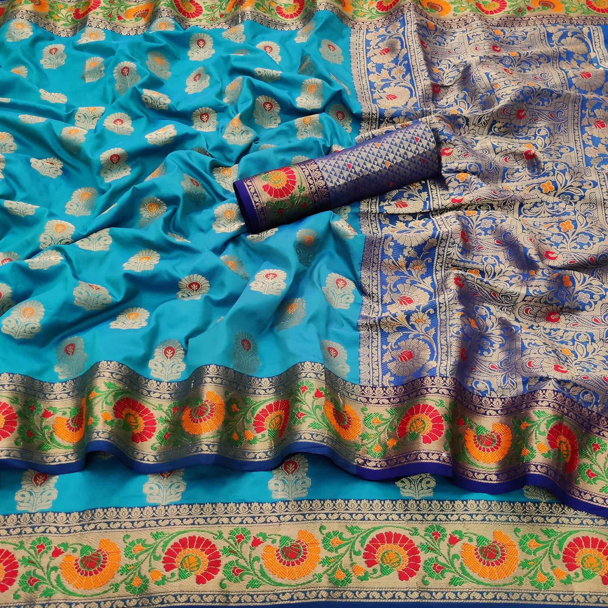 Sky Blue Festive Wear Floral Woven Soft Silk Saree - Peachmode