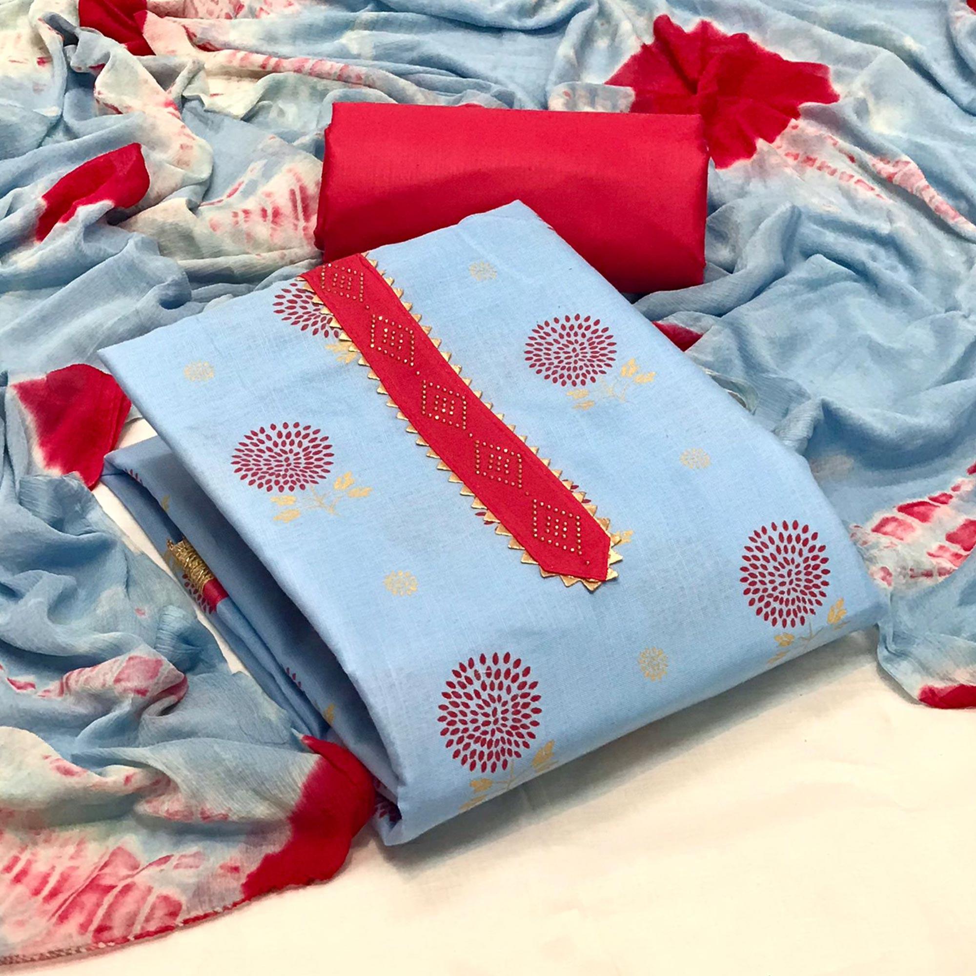 Sky Blue Festive Wear Foil Printed & Embellished Cotton Dress Material - Peachmode