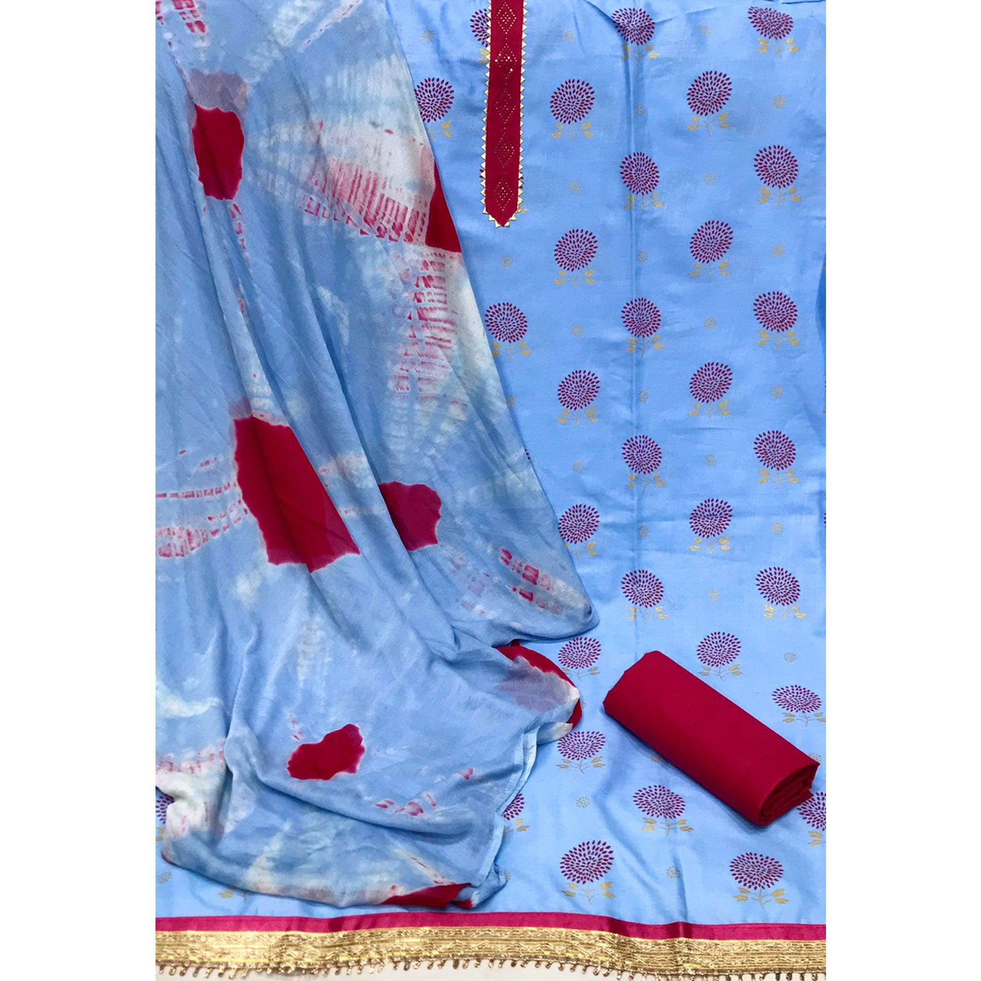 Sky Blue Festive Wear Foil Printed & Embellished Cotton Dress Material - Peachmode