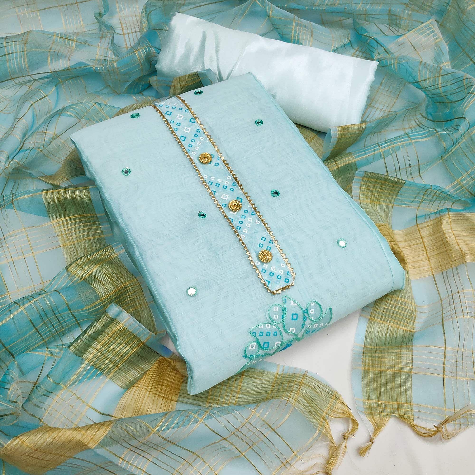 Sky Blue Festive Wear Gotta Handwork Chanderi Dress Material - Peachmode