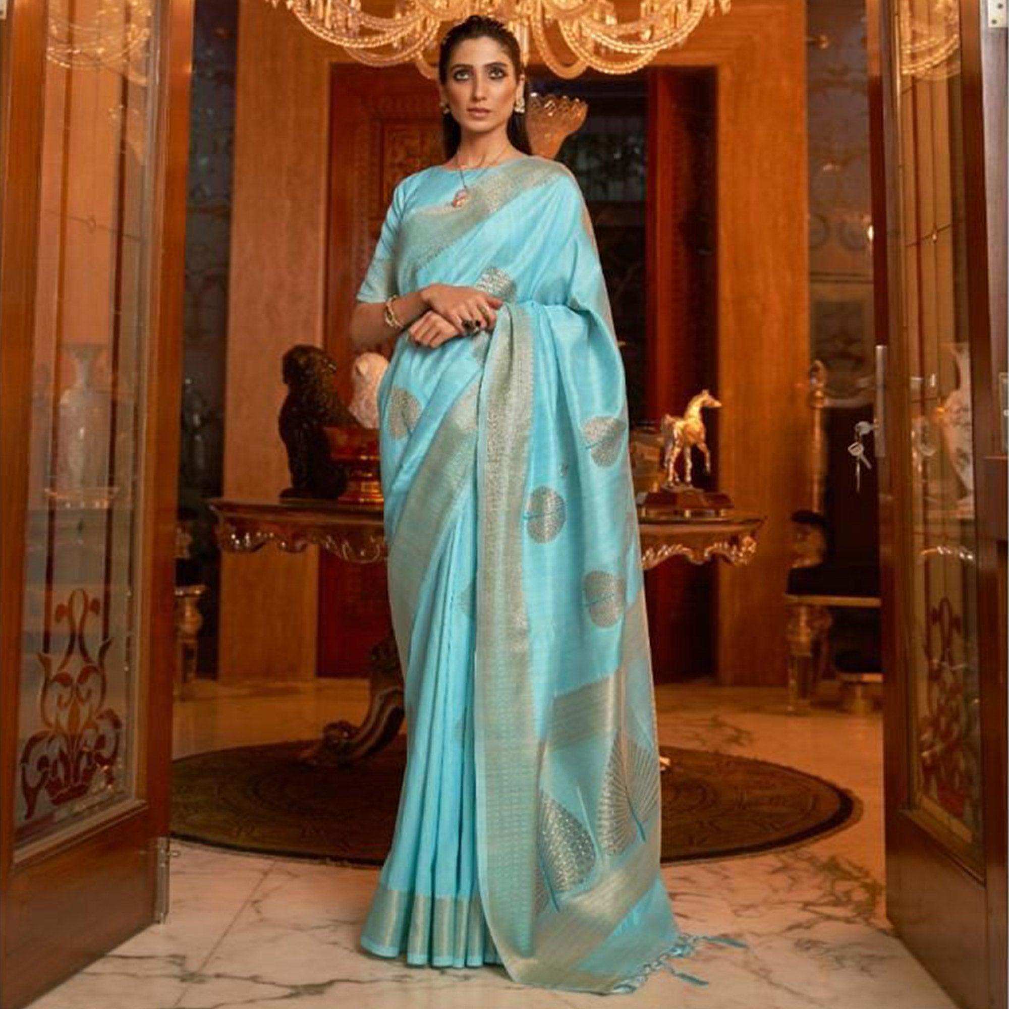 Sky Blue Festive Wear Handloom Sequence Silk Saree - Peachmode