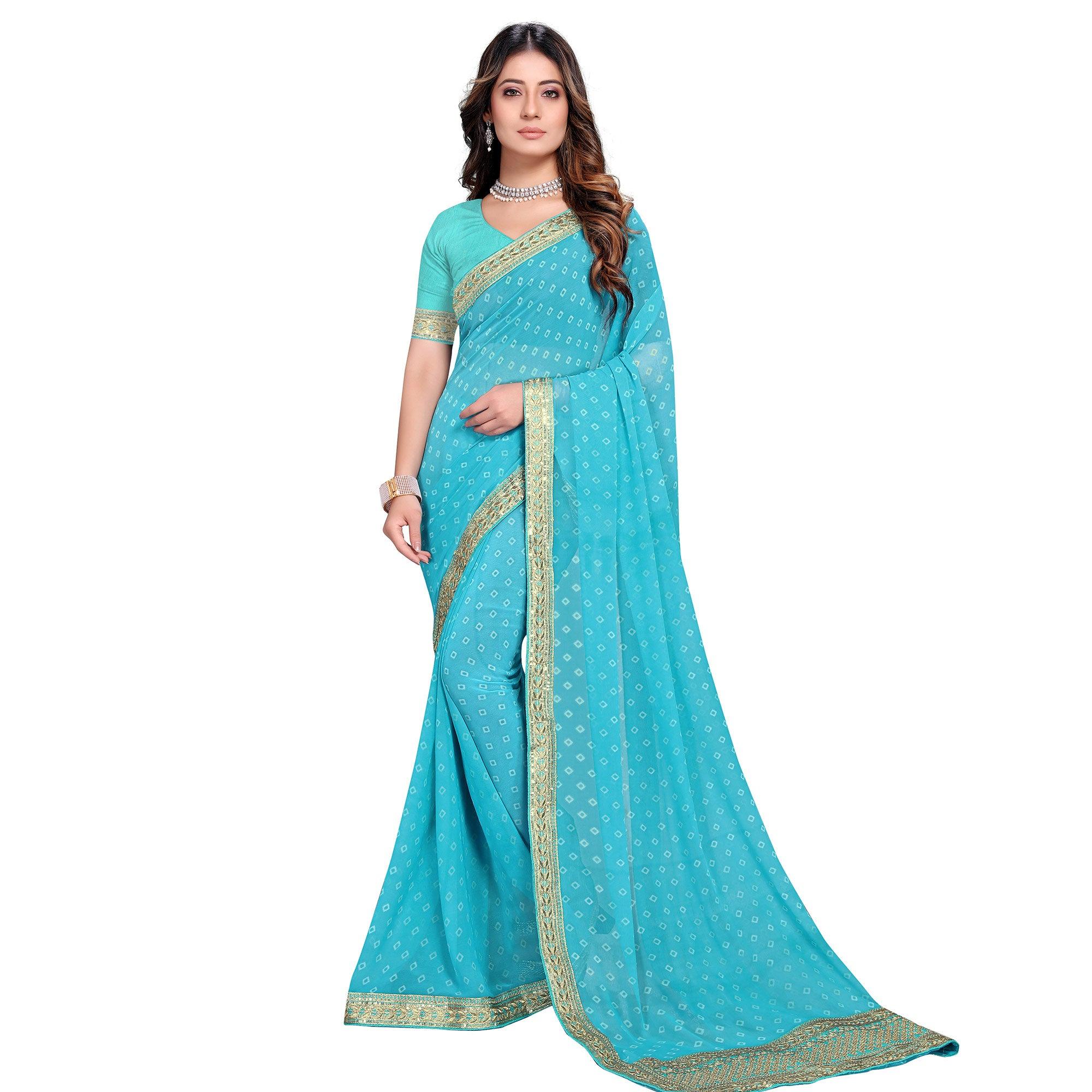 Sky Blue Festive Wear Printed Georgette Saree - Peachmode
