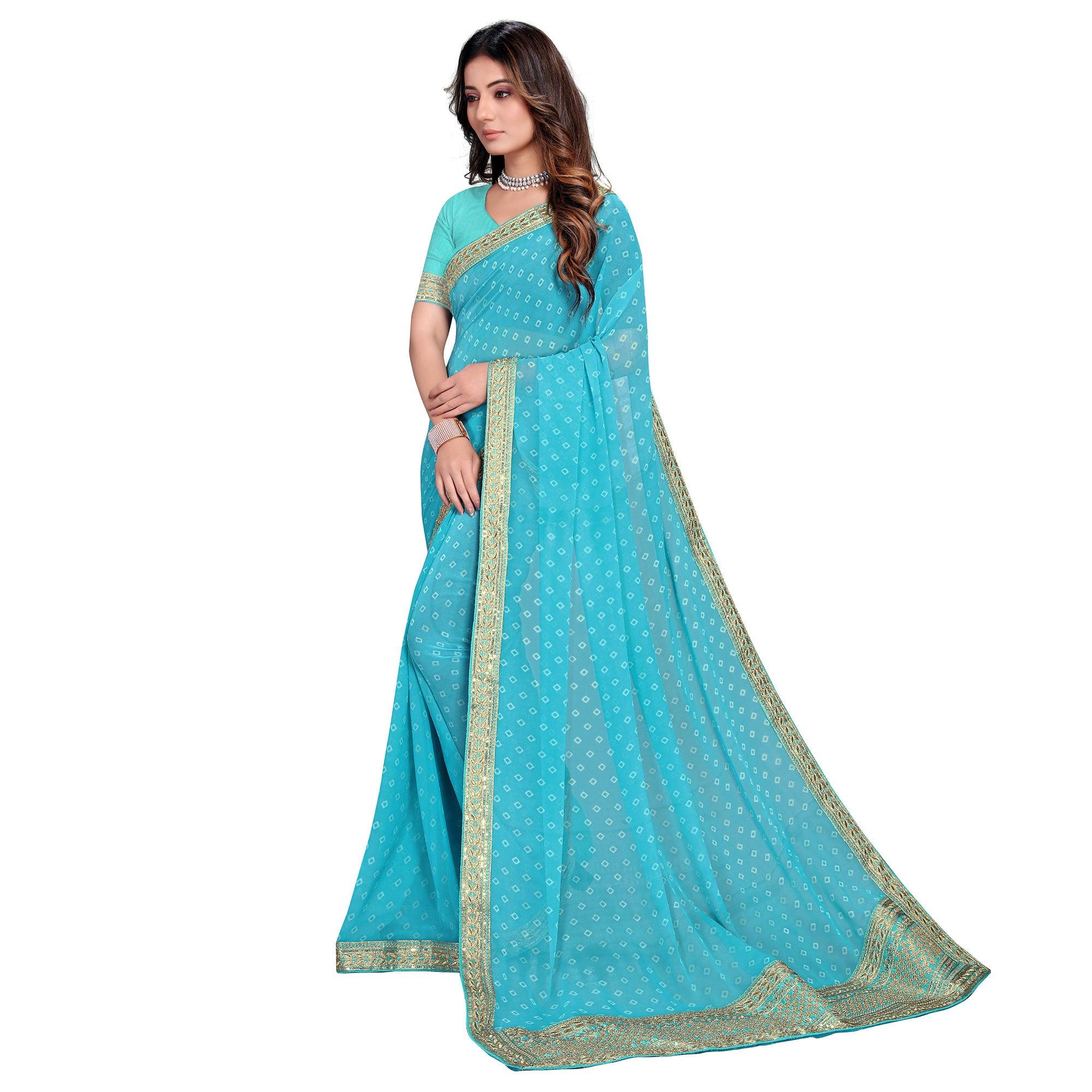 Sky Blue Festive Wear Printed Georgette Saree - Peachmode