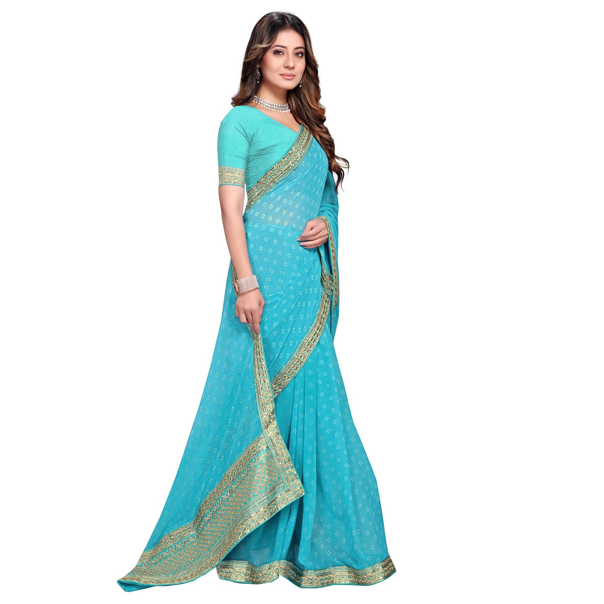 Sky Blue Festive Wear Printed Georgette Saree - Peachmode