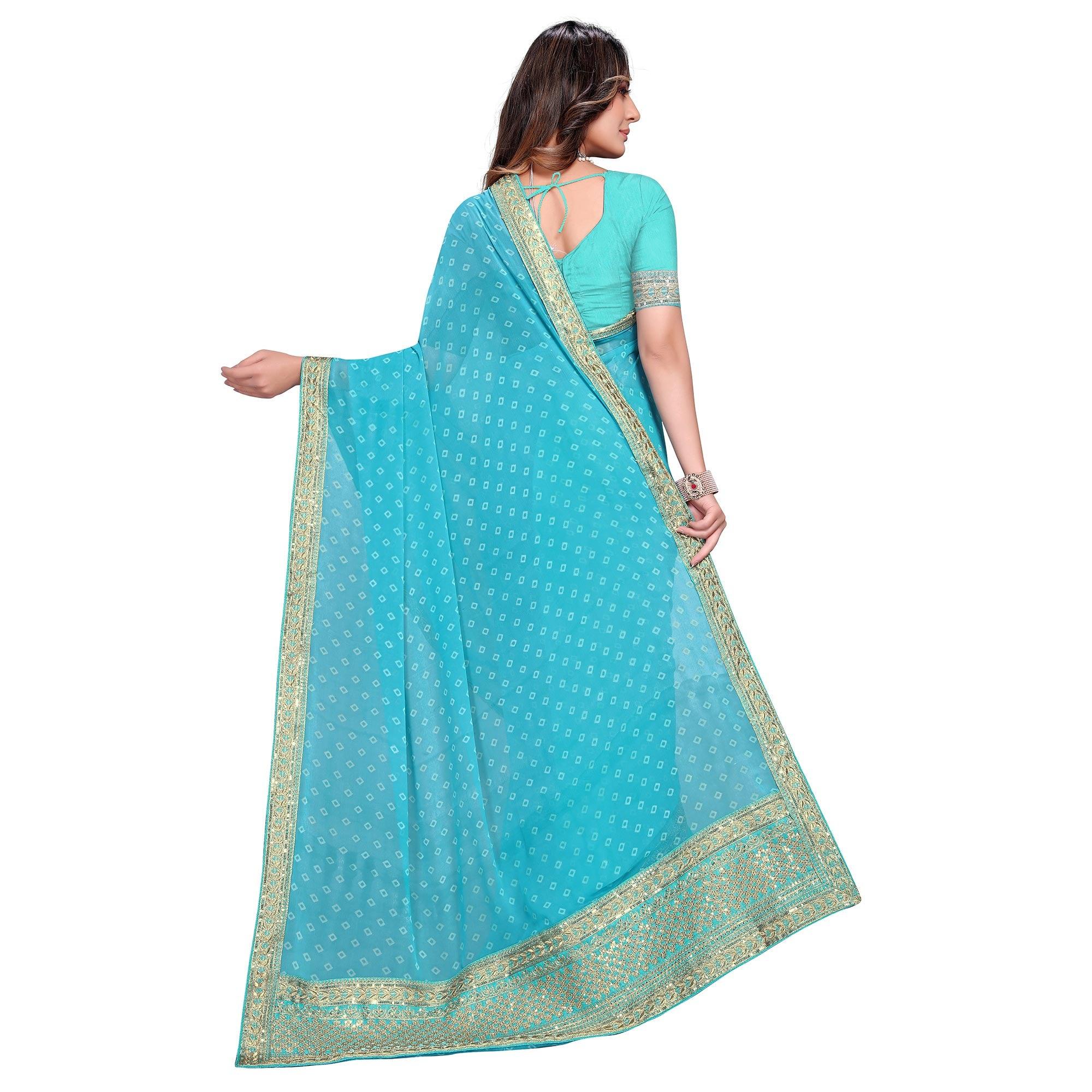 Sky Blue Festive Wear Printed Georgette Saree - Peachmode