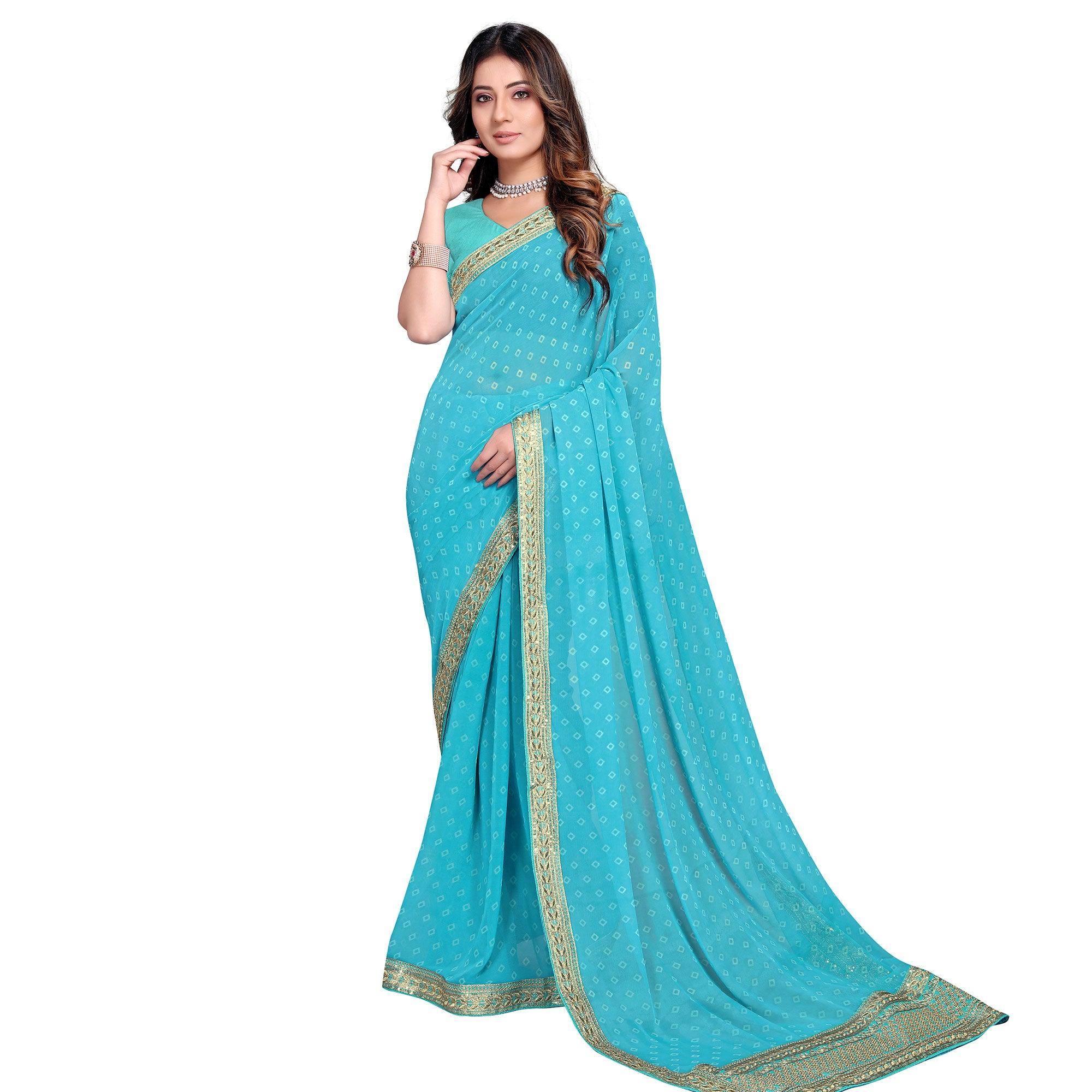 Sky Blue Festive Wear Printed Georgette Saree - Peachmode