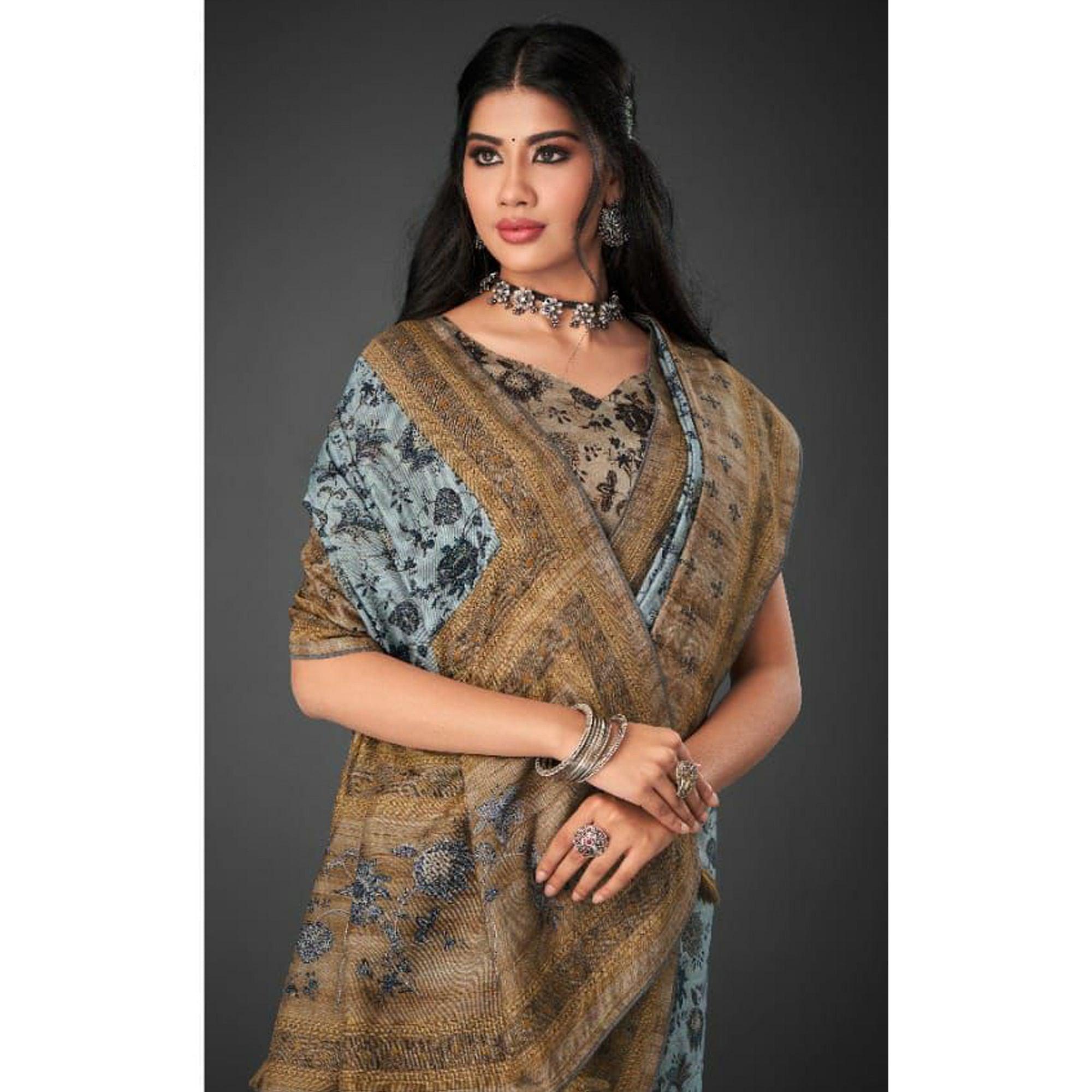 Sky Blue Festive Wear Printed Silk Saree - Peachmode