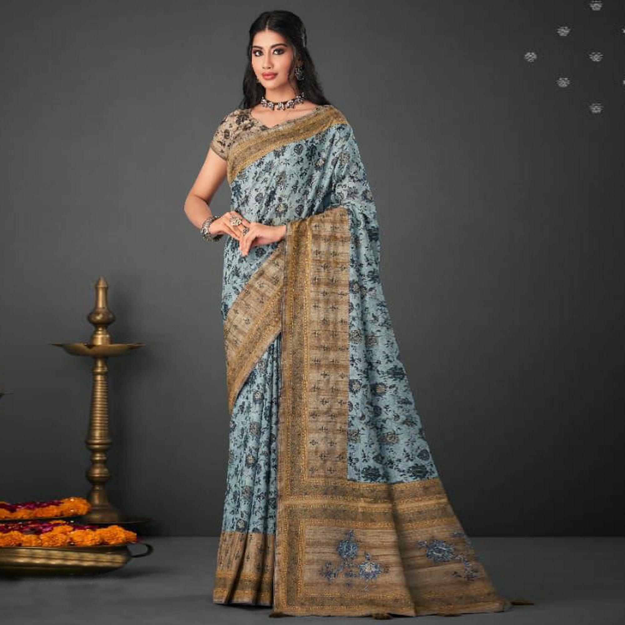 Sky Blue Festive Wear Printed Silk Saree - Peachmode