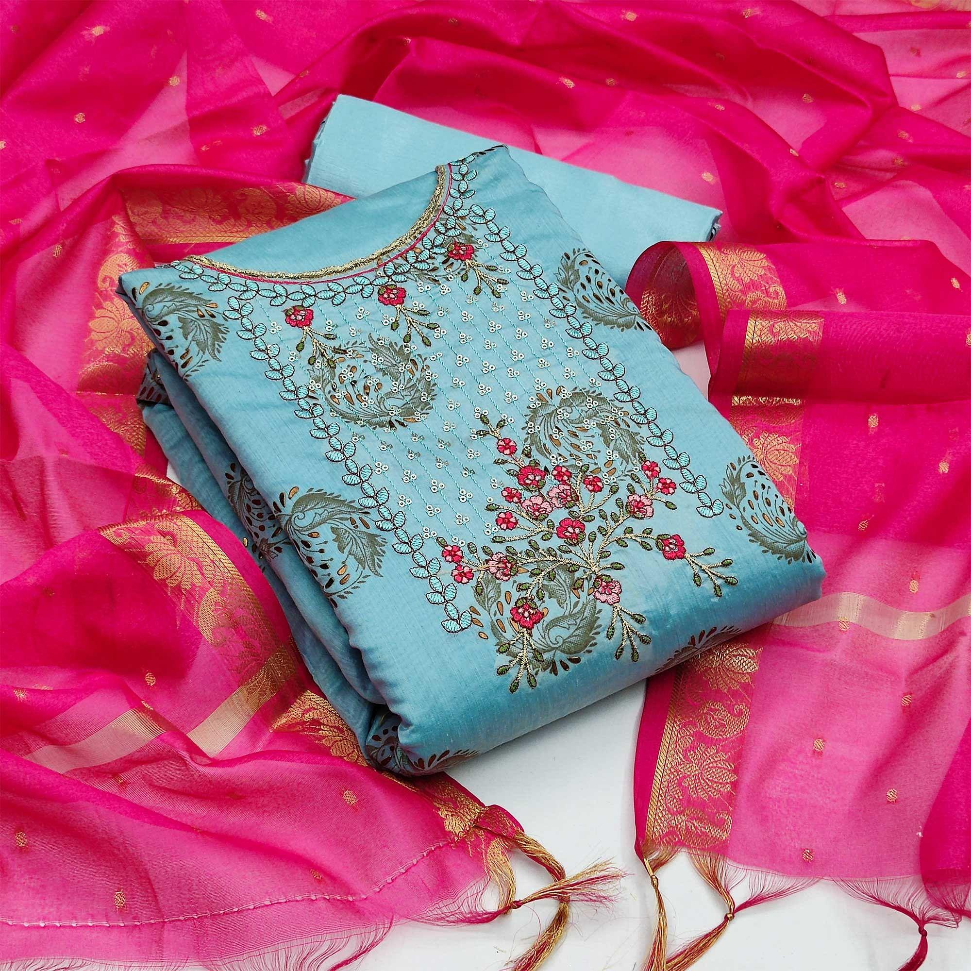 Sky Blue Festive Wear Sequence Embroidered Art Silk Dress Material - Peachmode