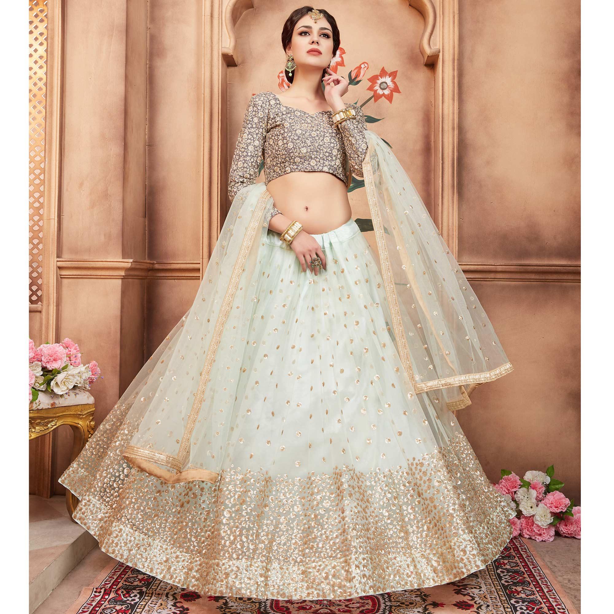 Sky Blue Festive Wear Sequence Thread Work Soft Net Lehenga Choli - Peachmode
