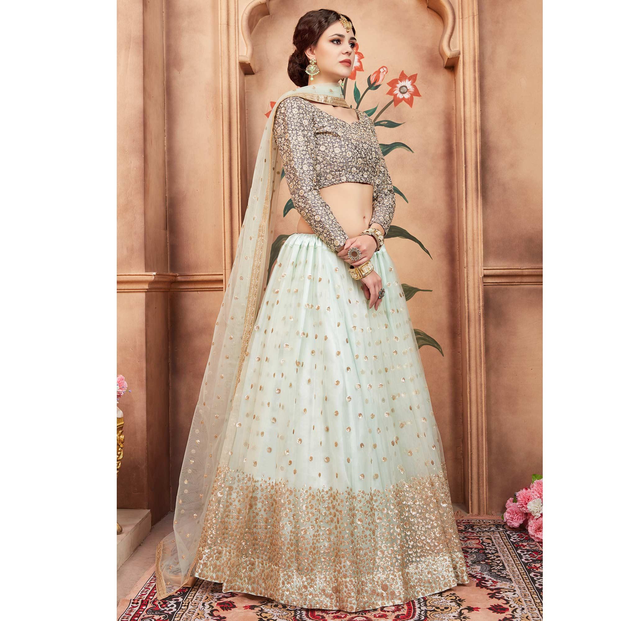 Sky Blue Festive Wear Sequence Thread Work Soft Net Lehenga Choli - Peachmode