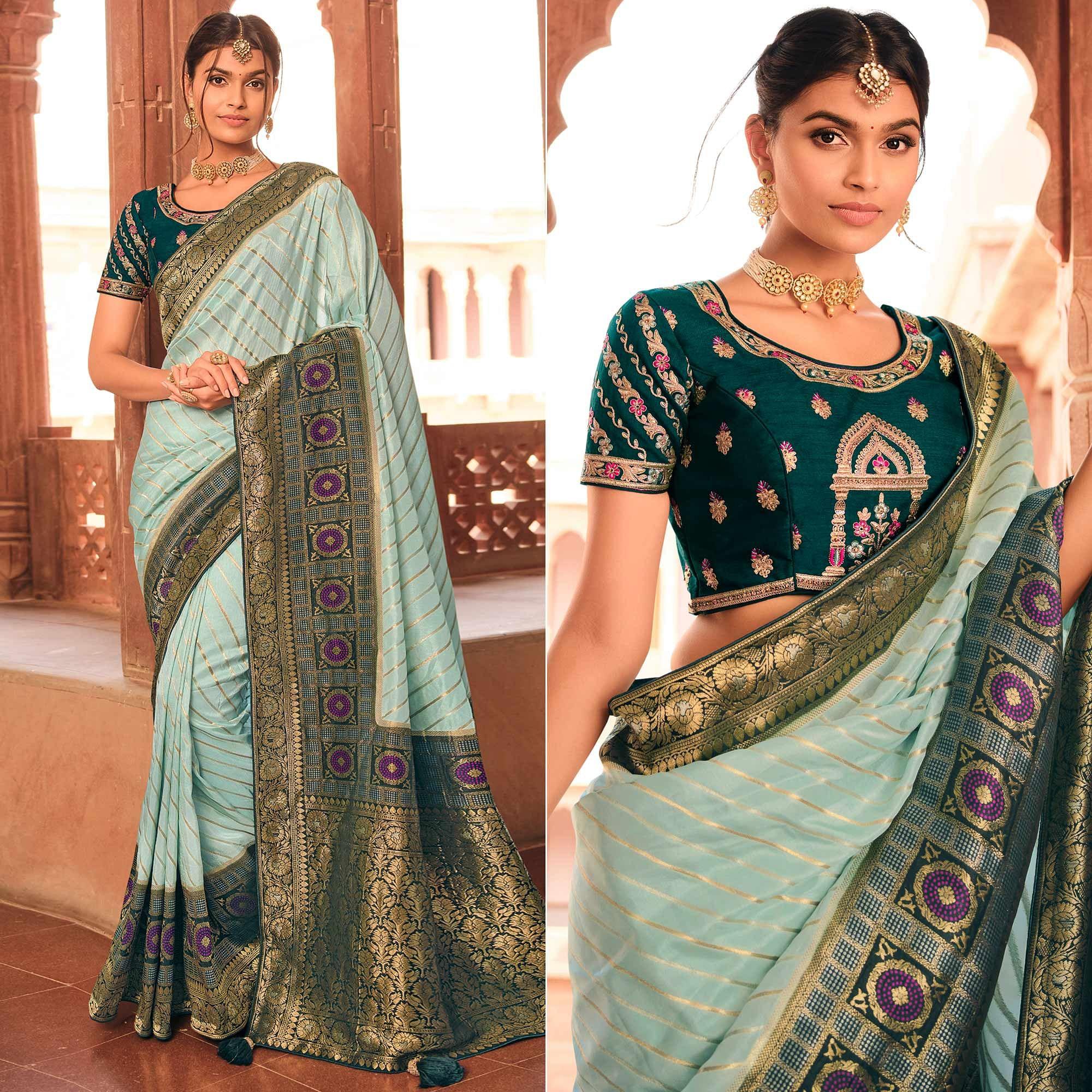 Sky Blue Festive Wear Striped Woven Silk Saree - Peachmode