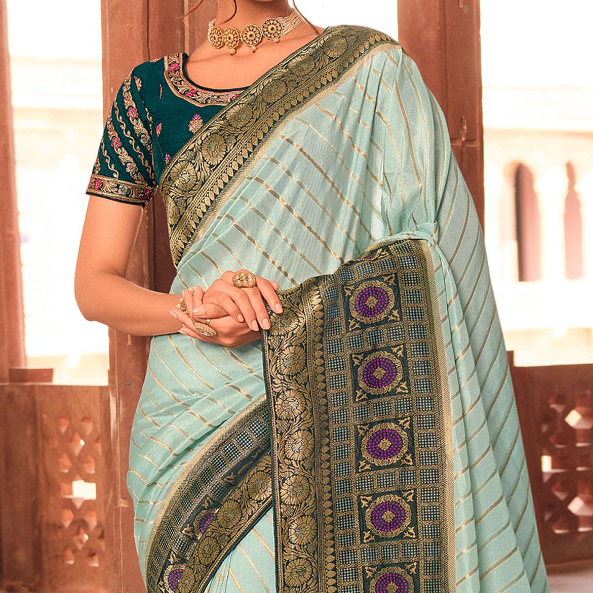 Sky Blue Festive Wear Striped Woven Silk Saree - Peachmode