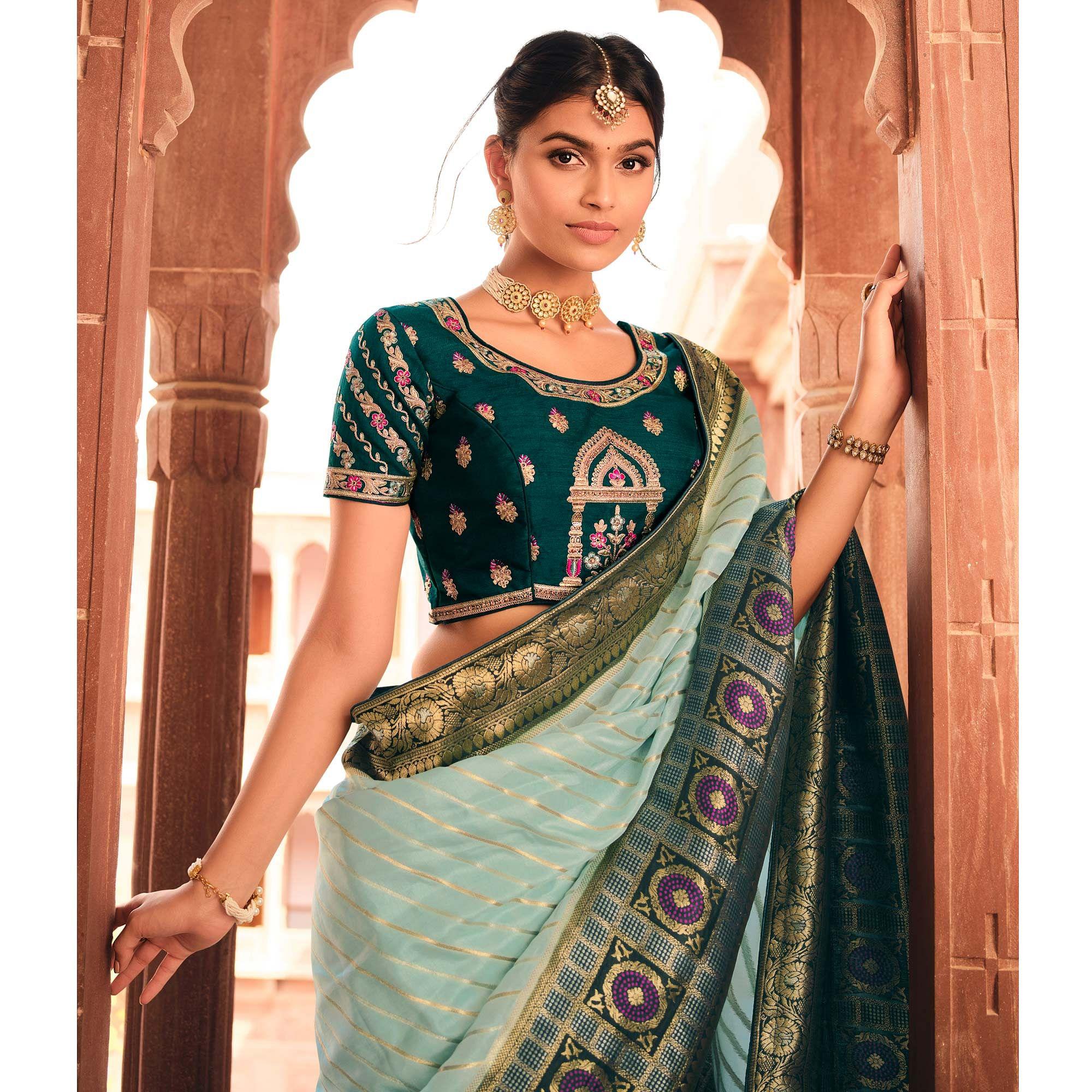 Sky Blue Festive Wear Striped Woven Silk Saree - Peachmode