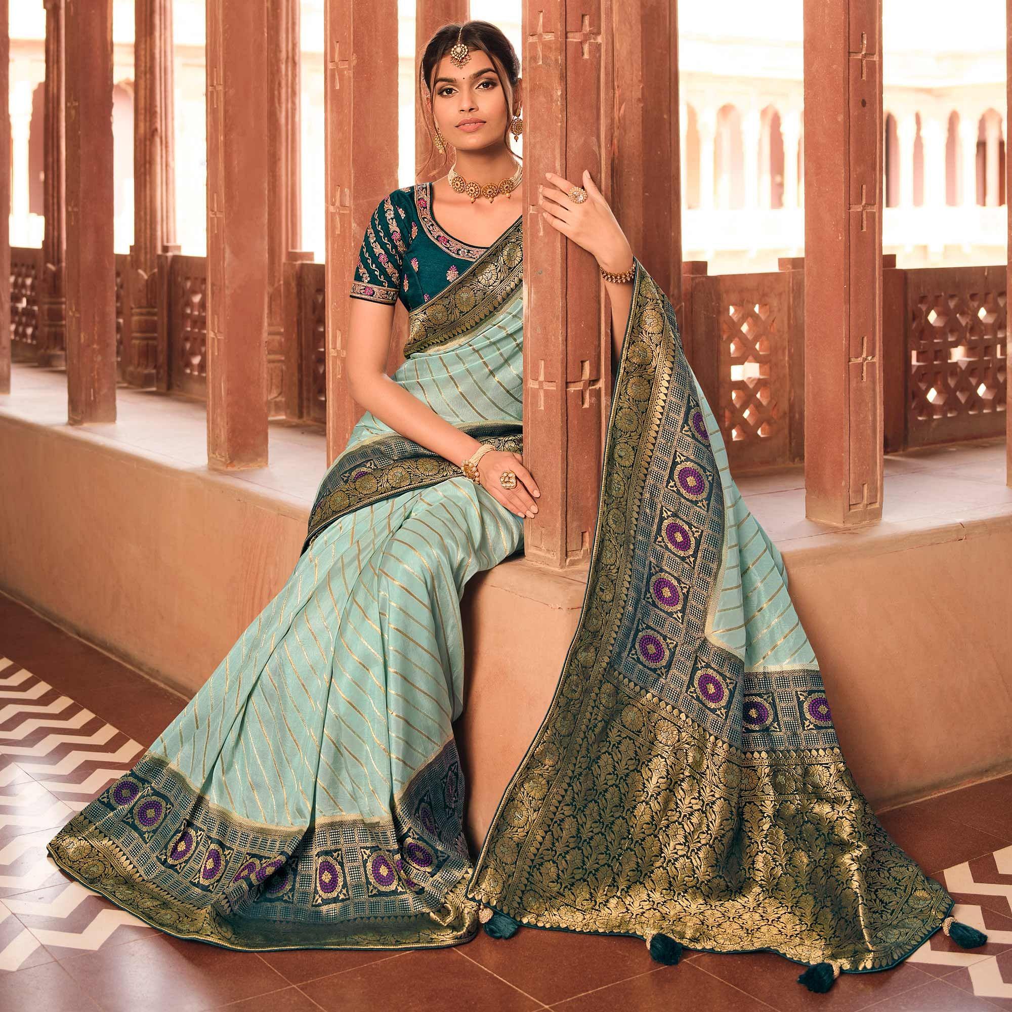 Sky Blue Festive Wear Striped Woven Silk Saree - Peachmode