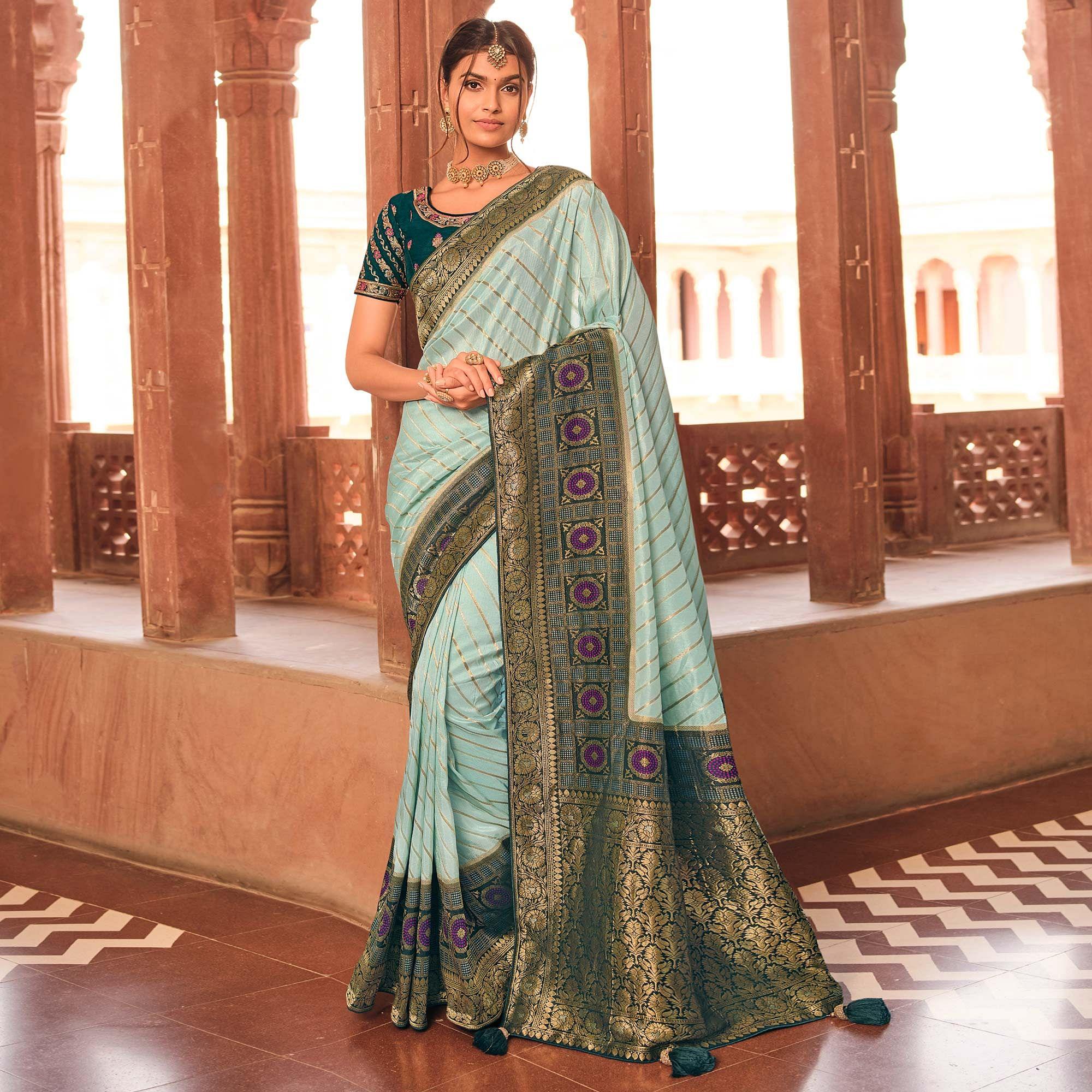 Sky Blue Festive Wear Striped Woven Silk Saree - Peachmode