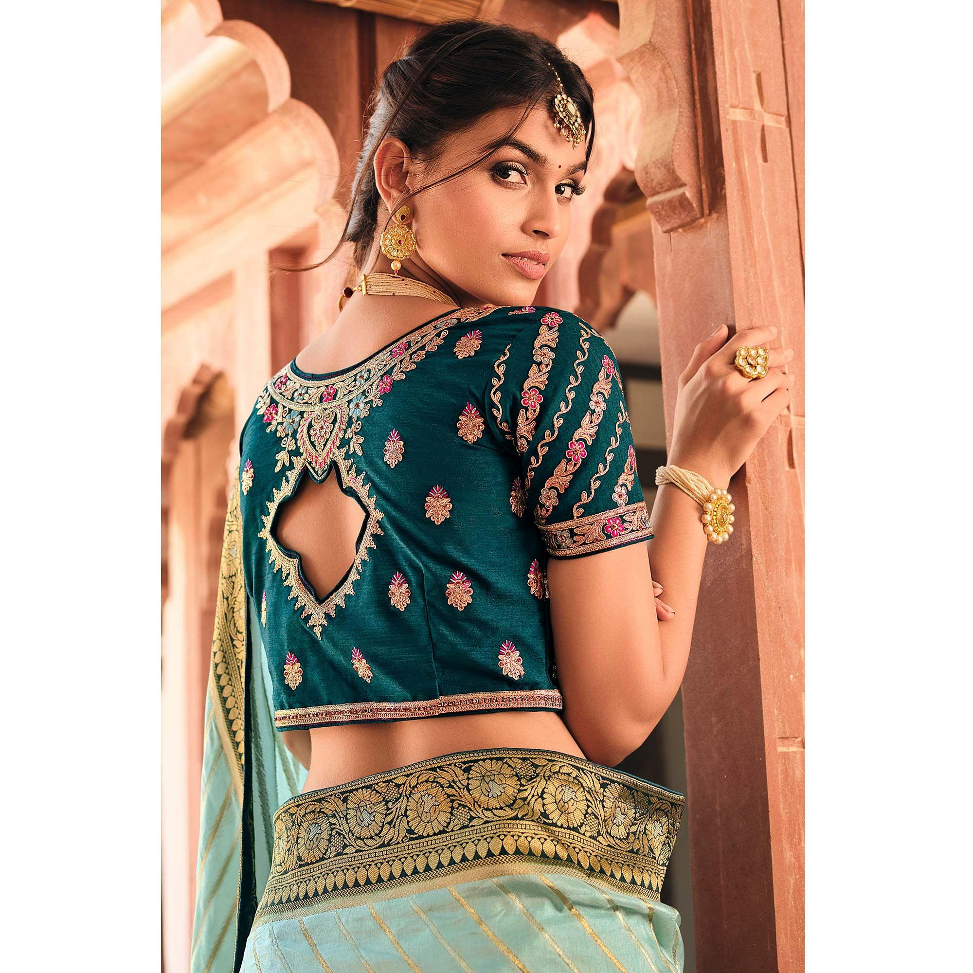 Sky Blue Festive Wear Striped Woven Silk Saree - Peachmode
